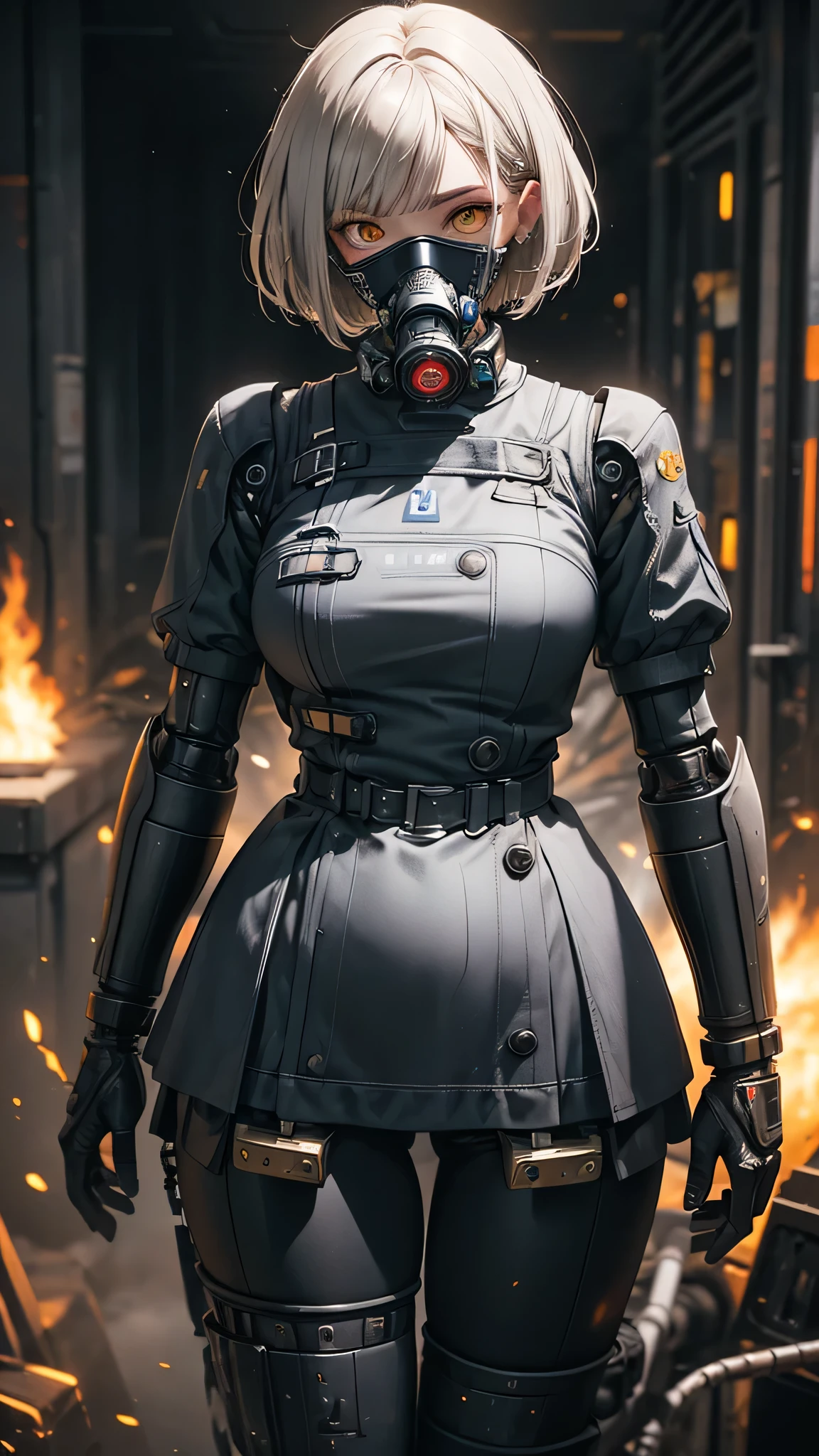 (masterpiece:1.2,high quality), One girl, ((Ultra-Realistic Details)), Global Illumination, Shadow, Unreal Engine, Octane Rendering, 8k, Ultra Sharp, Metal, complicated, Decorations detailed, highly complicated details, Yellow Eyes, (Mechanical body:1.2), Gray Hair, (Black gas mask), Equipment, Bobcut, Hundreds of wires, Terran, (robot, Android:1.15), Apocalypse, Broken Building