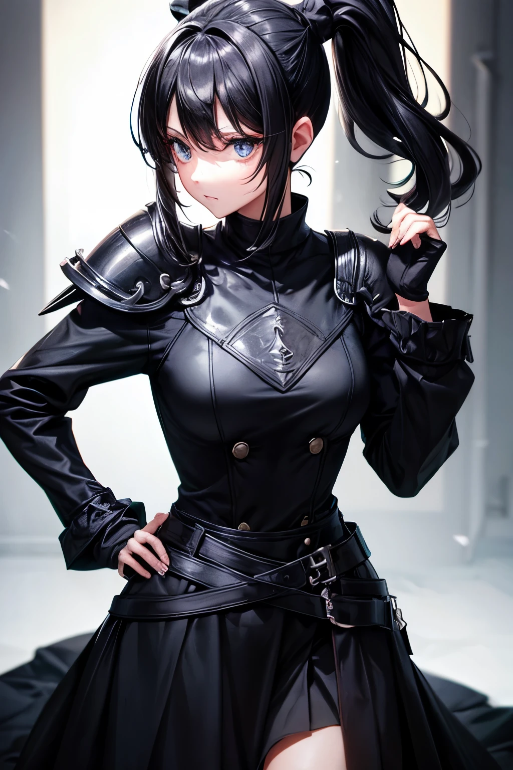 Black ponytail hair, black eyes, girl, knight, whole body