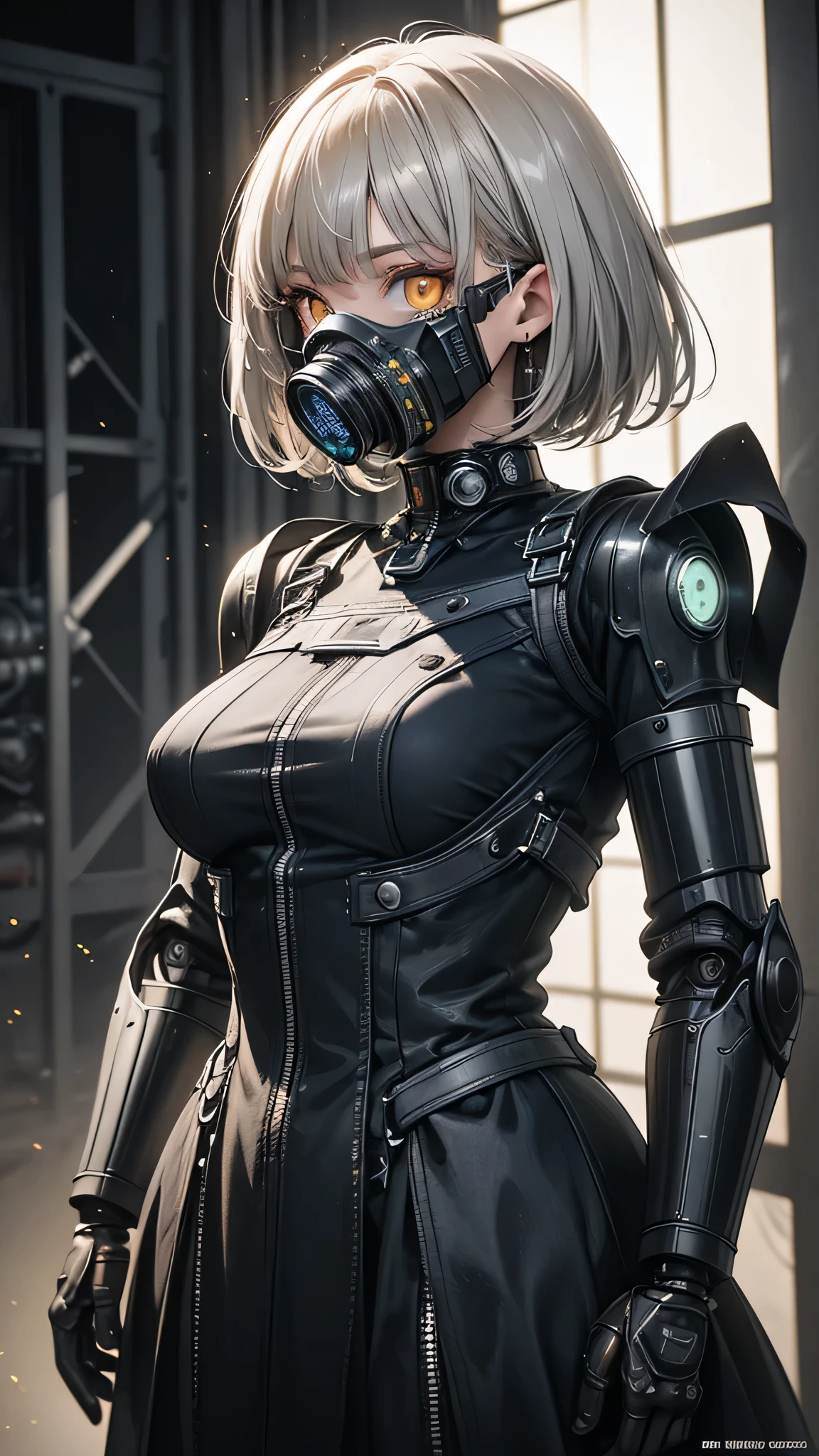 (masterpiece:1.2,high quality), One girl, ((Ultra-Realistic Details)), Global Illumination, Shadow, Unreal Engine, Octane Rendering, 8k, Ultra Sharp, Metal, complicated, Decorations detailed, highly complicated details, Yellow Eyes, (Mechanical body:1.2), Gray Hair, (Black gas mask), Equipment, Bobcut, Hundreds of wires, Terran, (robot, Android:1.15), Apocalypse, Broken Building