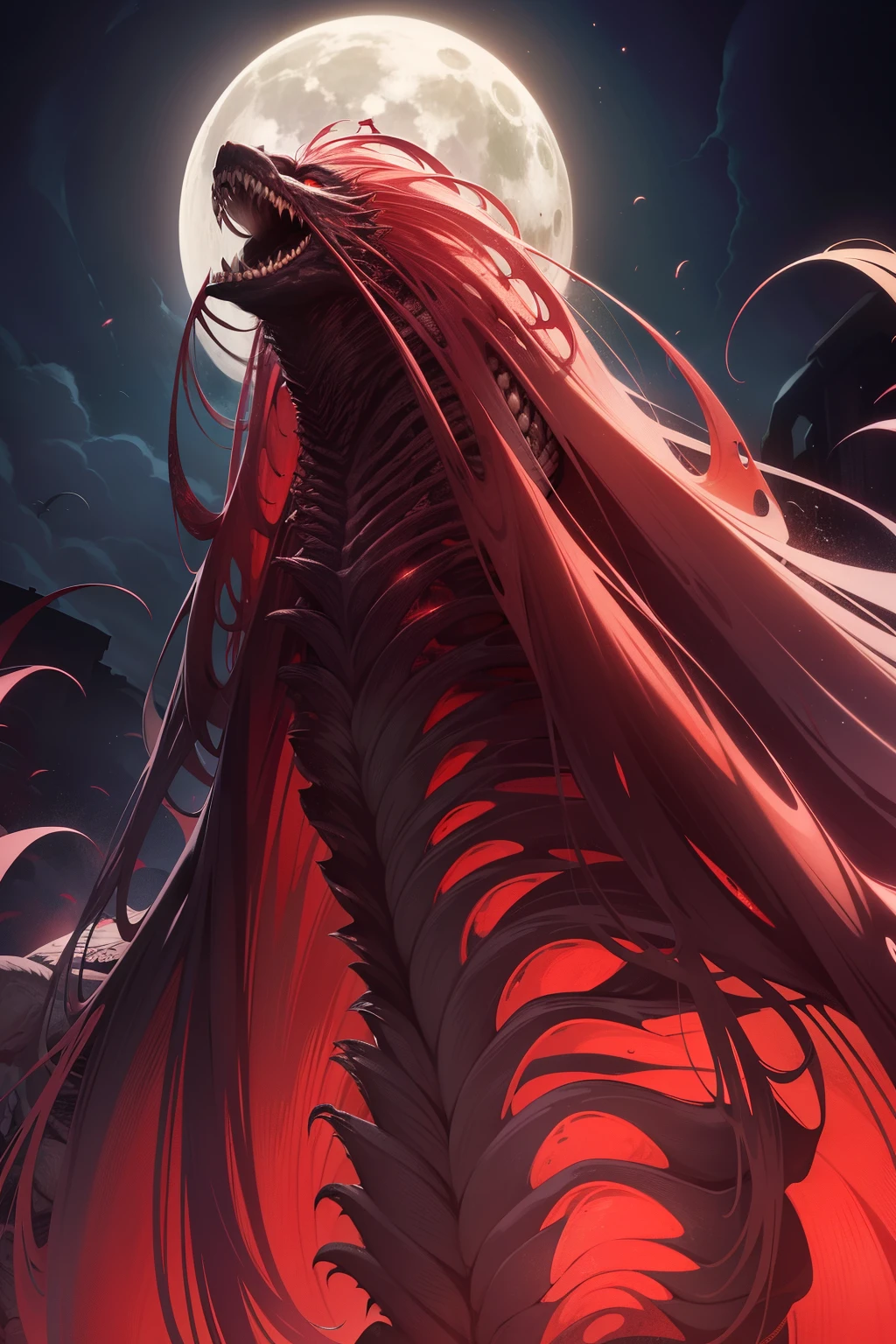 A colossal creature towering at approximately three metres, its frame possesses a humanoid form with a striking, yet grotesque appearance. The translucent, pale skin stretches over protruding bones and throbbing veins, adorned with dark spots and scars as a testament to its storied battles. Its disproportionately large head, reminiscent of a moon, houses a yawning maw that stretches to its ears, filled with jagged, irregularly grown teeth.
The deep black eyes, hollow like endless abysses, might emit an eerie red glow from time to time, adding to its sinister aura. Mats of hair,