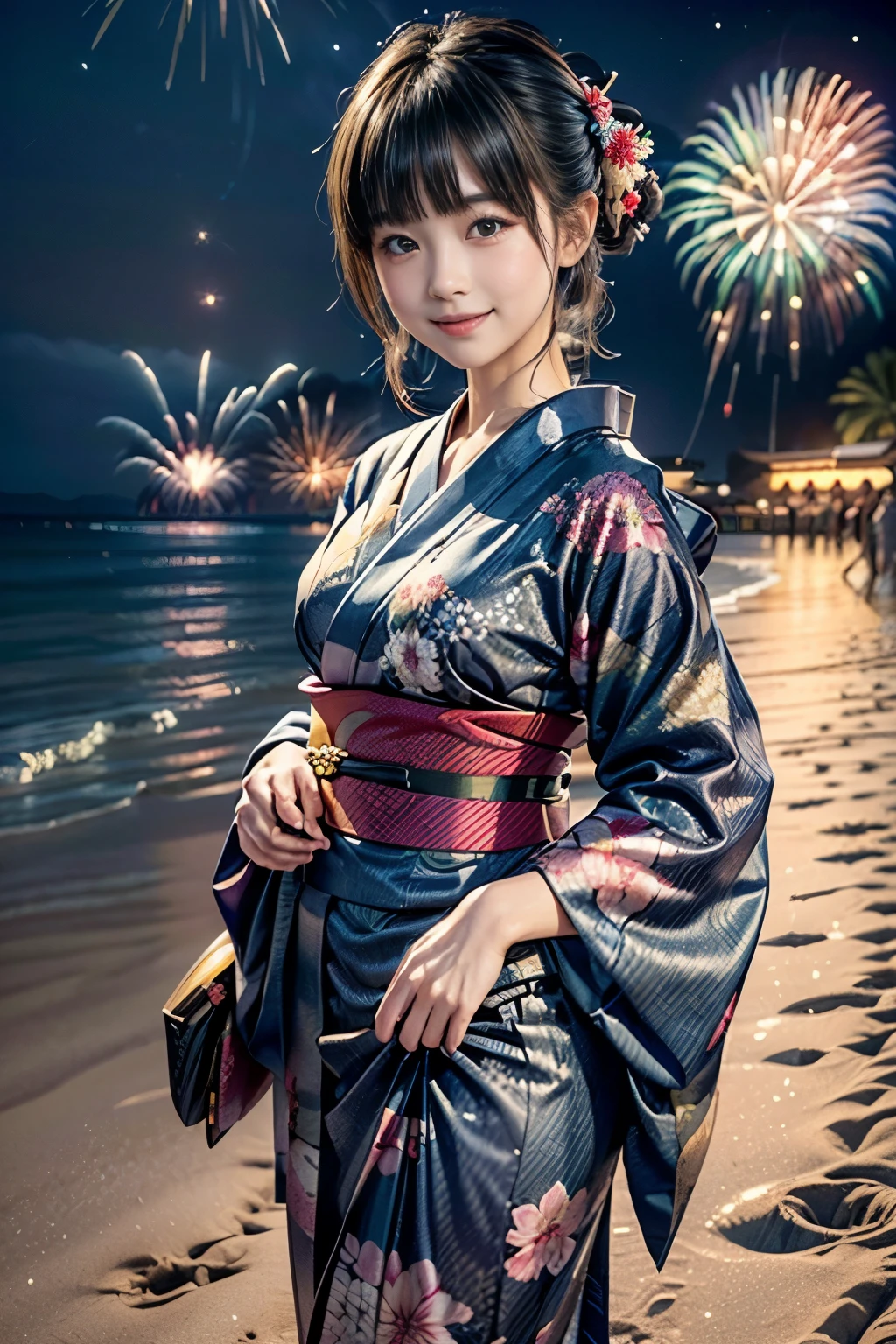最高masterpiece,8K Raw Photo:1.5,((sexy cute mini kimono style)),whole body,Summer Memories,Recall,(Beautiful Japanese floral kimono,yukata),((One girl,cute,young,Semi-long beautiful black hair,Blunt bangs,Beautiful Eyes,With a smile)),(alone),((masterpiece, Highest Resolution,highest quality)), (Beautiful illustrations),(Beautiful Japanese floral kimono,yukata),An innocent smile:1.1,Cinema Lighting,((Take a walk on the beach,Wave,(firework:1.2),Night Sky,full moon,shooting star)),Random Pause,