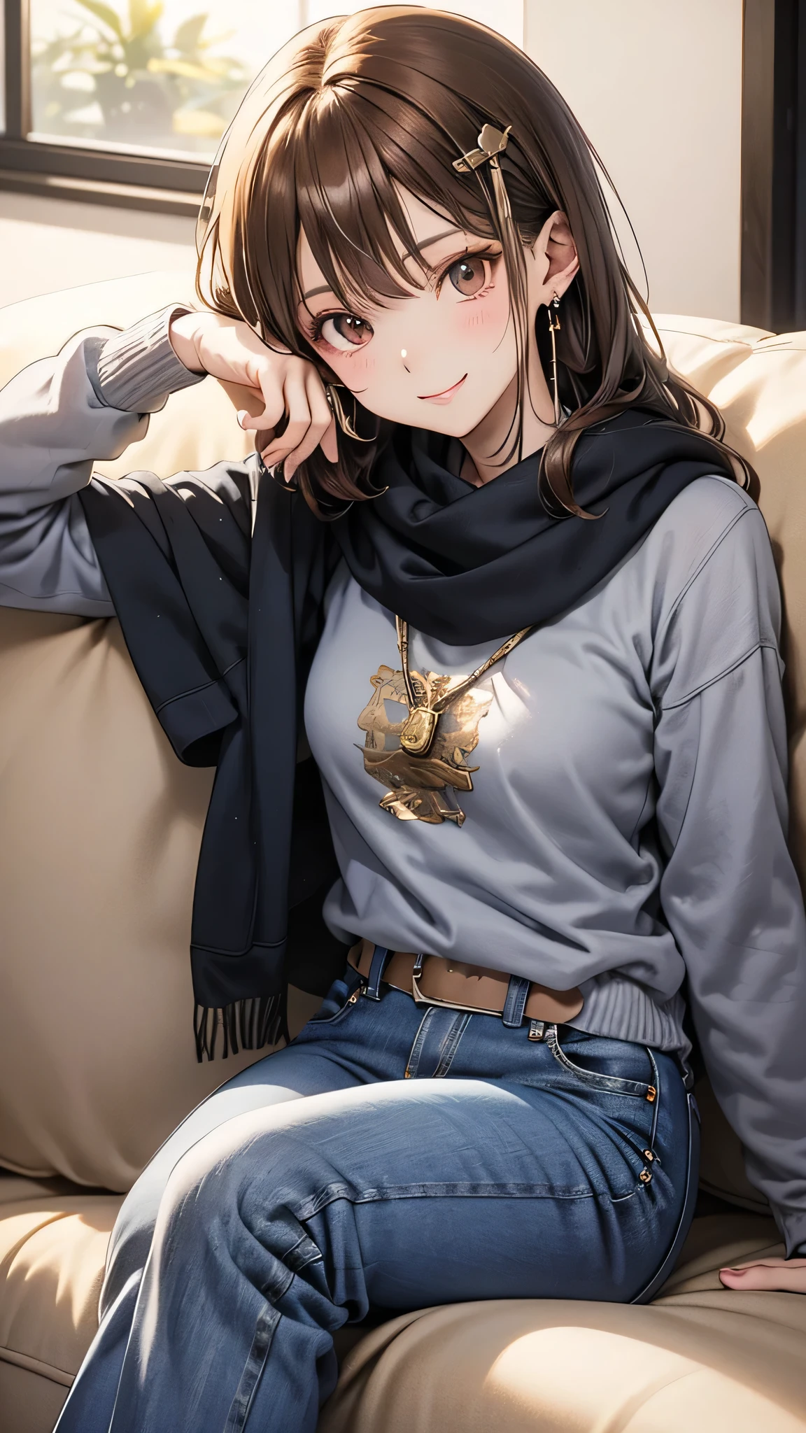 Bell, anime, Brown Hair, Medium chest, Brown eyes, A light smile, jeans, scarf, Grey sweatshirt, Blue pants, Sitting, Sitting cross-legged, Inside the smart home, Sitting on the couch, Asada Shino's face, anime Sword Art Online, highest quality