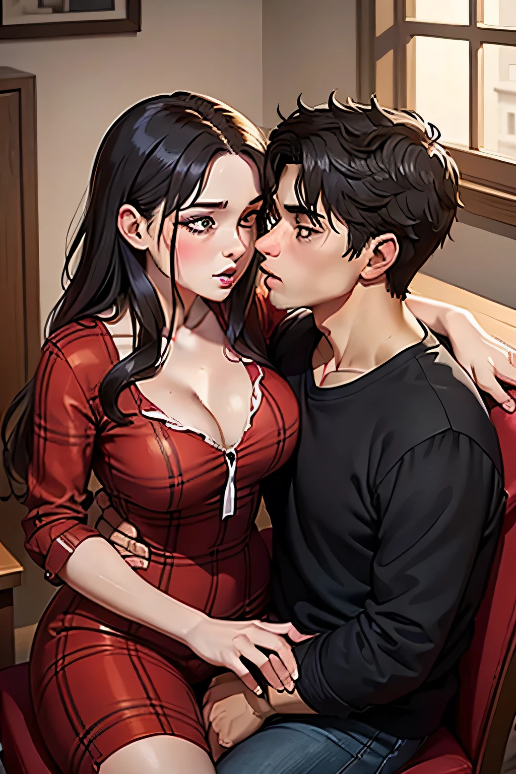 Amazing portrait of a sexy woman wearing a red dress kissing and making out with a young man wearing a flannel shirt and jeans while the man is sitting on a chair and the woman is sitting on his lap in a room with dim and dramatic lighting they are very passionate and erotic and sensual showing their love and attraction and desire and lust towards each other