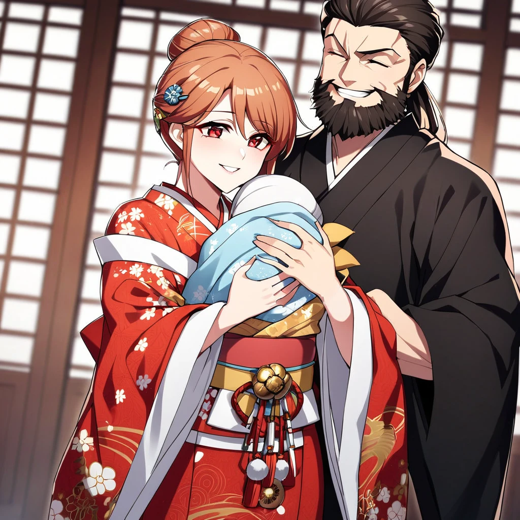 ((highest quality)), ((masterpiece)), (detailed), (Perfect Face)、(The woman is Princess Leona, with long light brown hair and a happy smile. She is hugging the strong and dignified Oda Nobunaga in a luxurious samurai mansion. The woman is pregnant.、The woman is a consort to Oda Nobunaga, and is wearing a gorgeous embroidered uchikake kimono with bright, vivid colors and patterns, as befits a consort, and has gorgeous accessories from the Edo period, such as a gorgeous hairpin and a bunkin takashimada hairstyle.)、The man is Oda Nobunaga, a dignified, middle-aged man with a beard and a topknot, wearing a gorgeous kimono and embracing the woman.