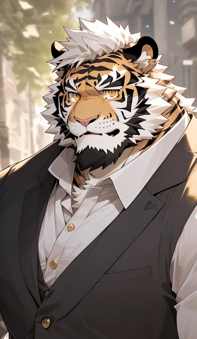 hairy，（tiger，Q version style：1.3）beard，Golden pupils，White fur，facial expression，Q version male，Smile，Half-length photo，Real background，极其lifelike阴影，masterpiece，Very detailed，lifelike。