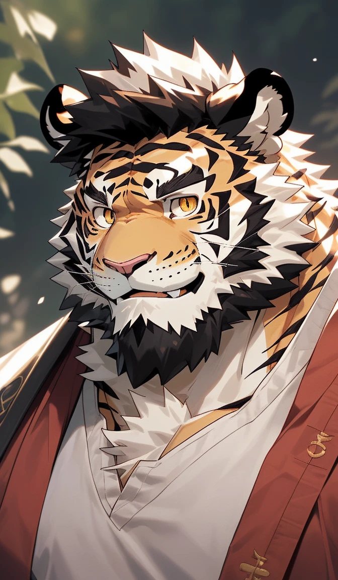 hairy，（tiger，Q version style：1.3）beard，Golden pupils，White fur，facial expression，Q version male，Smile，Half-length photo，Real background，极其lifelike阴影，masterpiece，Very detailed，lifelike。