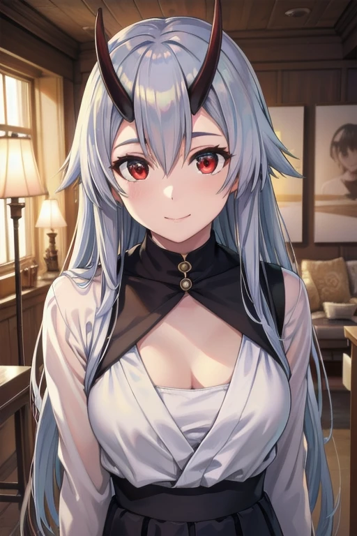 tomoe gozen, 1person, red eyes, cute smile, hair between eyes, silver hair, very long hair, oni horns, looking at viewer, open blouse, small cleavage, skirt, (best quality,4k,8k,highres,masterpiece:1.2),ultra-detailed,(realistic,photorealistic,photo-realistic:1.37),torino style,vivid colors,professional,HDR,UHD,studio lighting,ultra-fine painting,sharp focus,physically-based rendering,extreme detail description