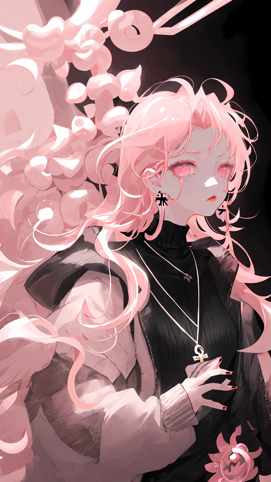 Bottom style, One girl, alone, Long Hair, View Viewer, Glowing eyes background, jewelry, Mouth closed, Jacket, Upper Body, Pink Hair, Earrings, Pink Eyes, necklace, From the side, sweater, lips, eyelash, compensate, Wavy Hair, Earrings, cross, lipstick, ear Earrings, eye shadow, hoop Earrings, pink lips, Variegated eyes, Pink Theme, , pink eye shadow, Tattoo, Chess Style