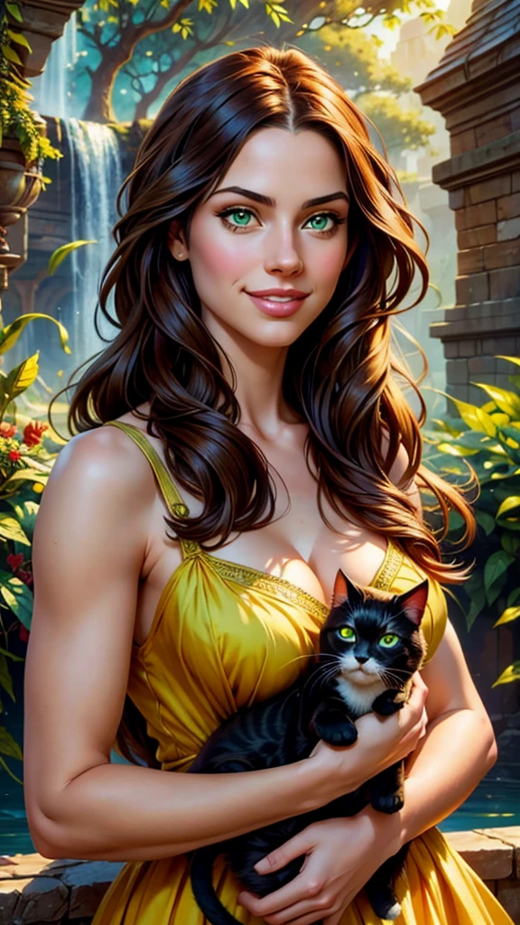 a beautiful girl, 1girl, cute cat, playing with cat, adorable smile, long hair, green eyes, detailed face, realistic, photorealistic, high quality, detailed background, natural lighting, vibrant colors, fantasy art, intricate details, award winning, masterpiece