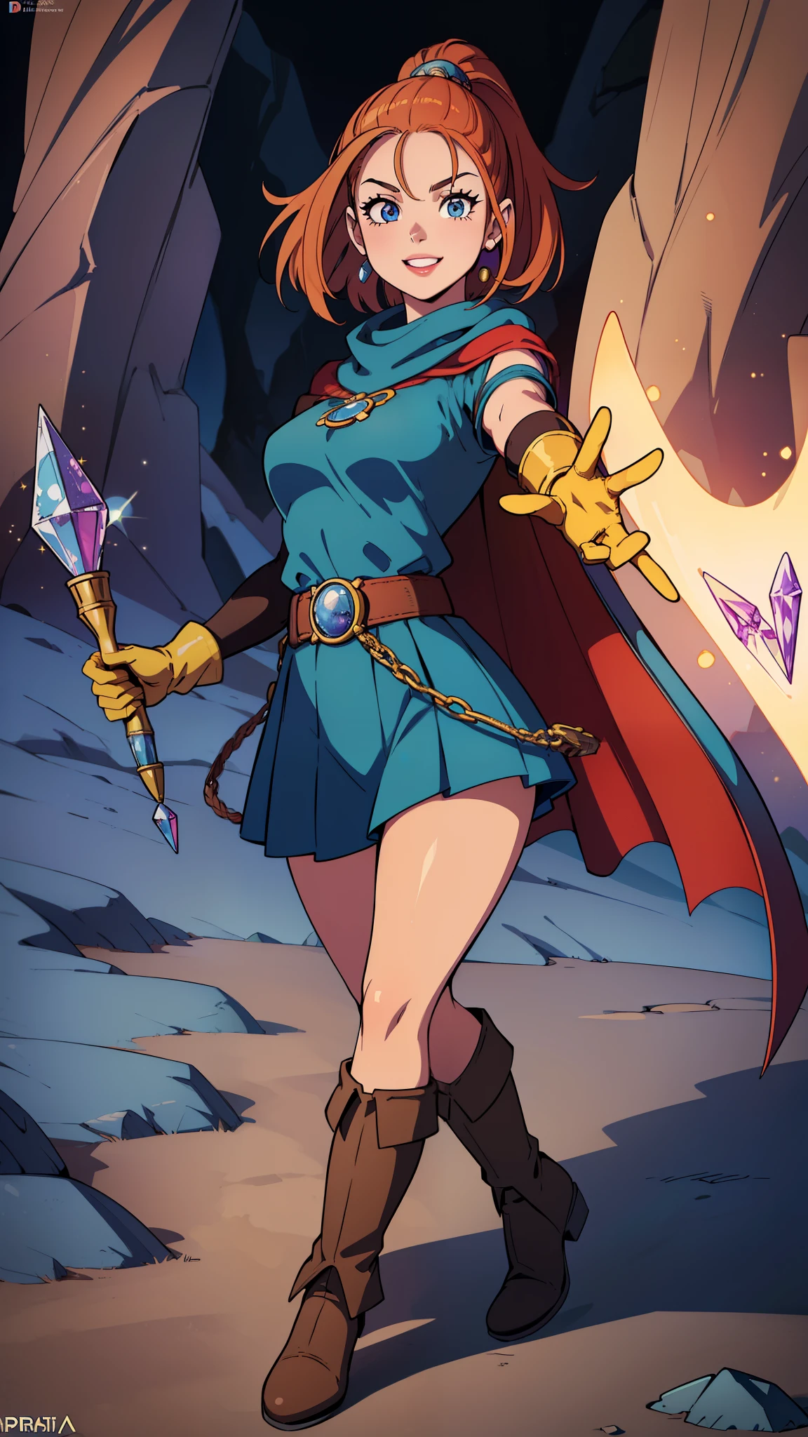 (masterpiece, best quality, highres:1.2), full body,{1 girl}, {barbara}, mage, sage, influential wizard, {very cute}, smile,Blue cape outfit,Red Cape,Yellow gloves,Pleated skirt,round silver belt buckle,Leather boots,Brown pineapple hair(masterpiece, best quality, highres:1.4), full body,(((1 girl))), beautiful detailed eyes, beautiful detailed lips, extremely detailed eyes and face, long eyelashes, young beautiful girl, vibrant colors, photorealistic, highly detailed, cinematic, Ashlynn, ((((Barbara)))), Dragon Quest, DQ, influential wizard, very cute, smile, crystal cave