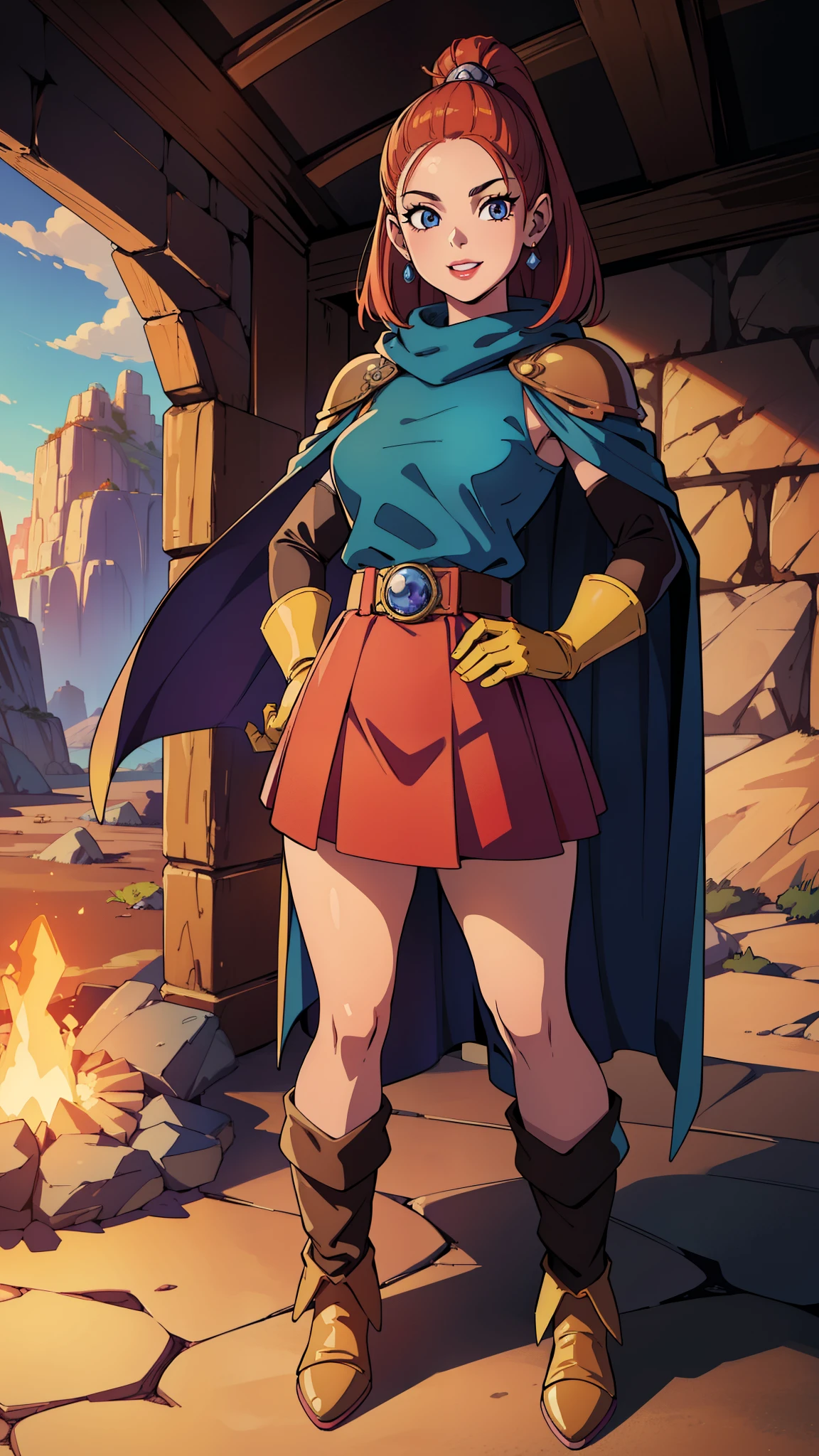 (masterpiece, best quality, highres:1.2), full body,{1 girl}, {barbara}, mage, sage, influential wizard, {very cute}, smile,Blue cape outfit,Red Cape,Yellow gloves,Pleated skirt,round silver belt buckle,Leather boots,Brown pineapple hair(masterpiece, best quality, highres:1.4), full body,(((1 girl))), beautiful detailed eyes, beautiful detailed lips, extremely detailed eyes and face, long eyelashes, young beautiful girl, vibrant colors, photorealistic, highly detailed, cinematic, Ashlynn, ((((Barbara)))), Dragon Quest, DQ, influential wizard, very cute, smile, crystal cave