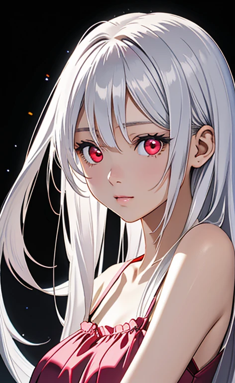 (Photorealistic:1.4)、asuna,(masterpiece、lens flare:1.5、spot light:1.2、Exquisite beautiful eyeonochrome:1.5,portlate、)、Cute Face、 3D Face、(platinum White hair:1.5、Straight Hair)、(1 Girl)、(Red eyes:1.2)、(upper body)、(),(Sundress)、 (Cute face:1.2),(water eye),(),kind face,(Small breasts),(black background:1.5)、(glowing eyes:1.3)、()、 Neat and clean、Adorable、Slim Body(Tareme:1.5),Shiny Hair、(Glowing pink Skin)、Nijisketch,Manga,zydG