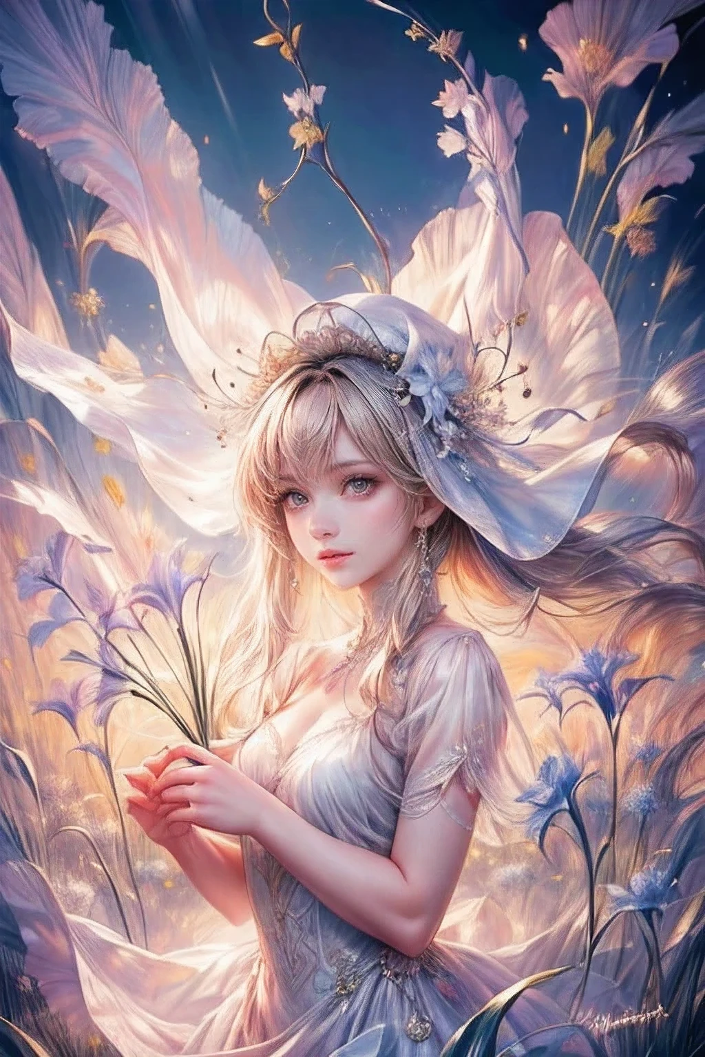 multiple exposure, masterpiece:1.2, highest quality, 16k, highres, ultra-realistic, photorealistic:1.37, beautiful detailed:1.2, cute lily fairy girl, flying in a meadow full of lilies, holding a bouquet of lilies,meadow(colorful lilies, full of lilies, bluesky), beautiful delicate pure white dress and hat with a lily motif, Beautiful and elegant pose, gently smile, beautiful delicate(hair, face, long eyelash, eyes, pupils, lips, hat, dress), sparkling eyes, shining rosy lips, blushed cheek, through bangs,