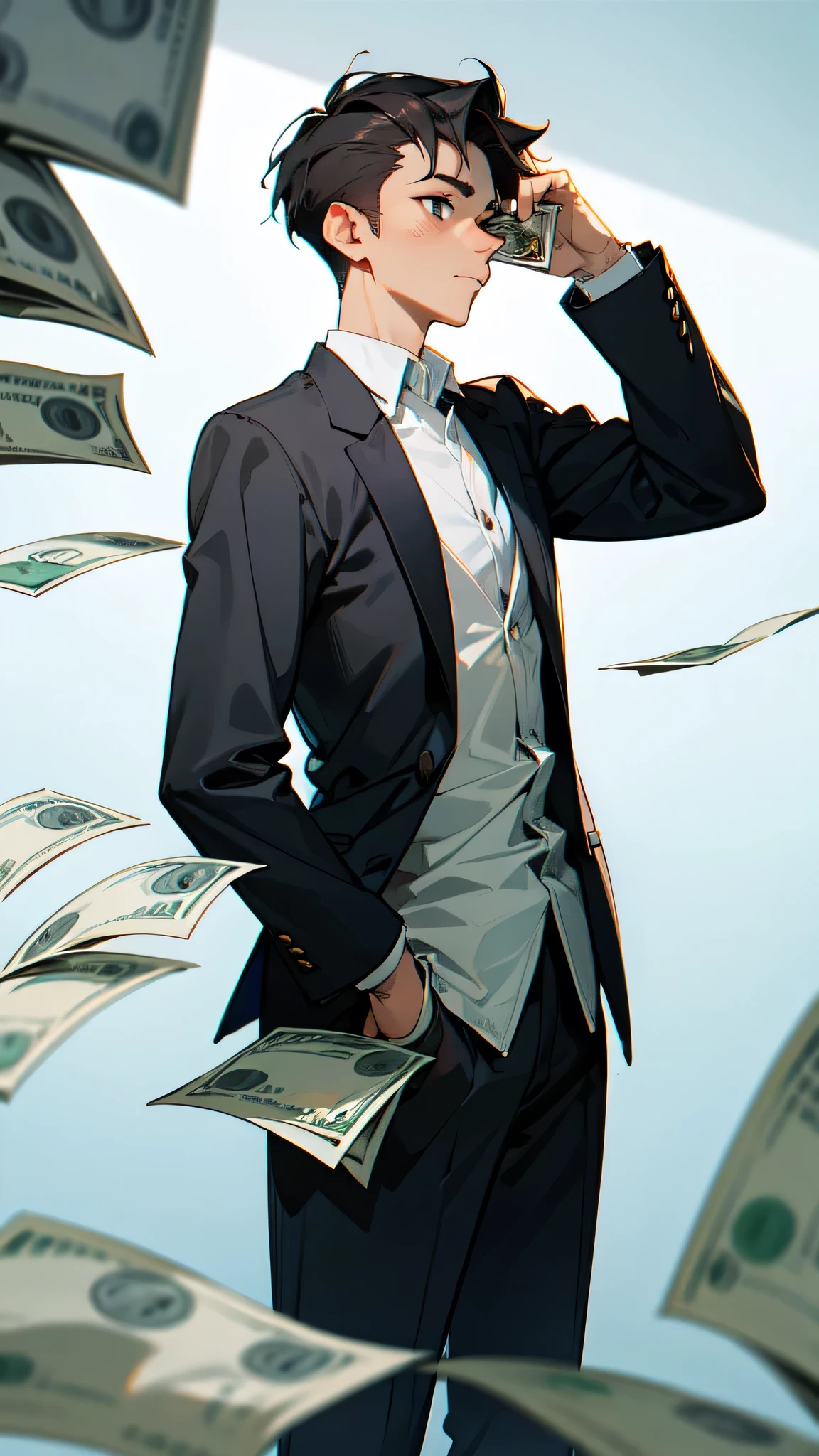 Young man,wearing office uniform, looking to money, hold money on him hand, in home, cartoon