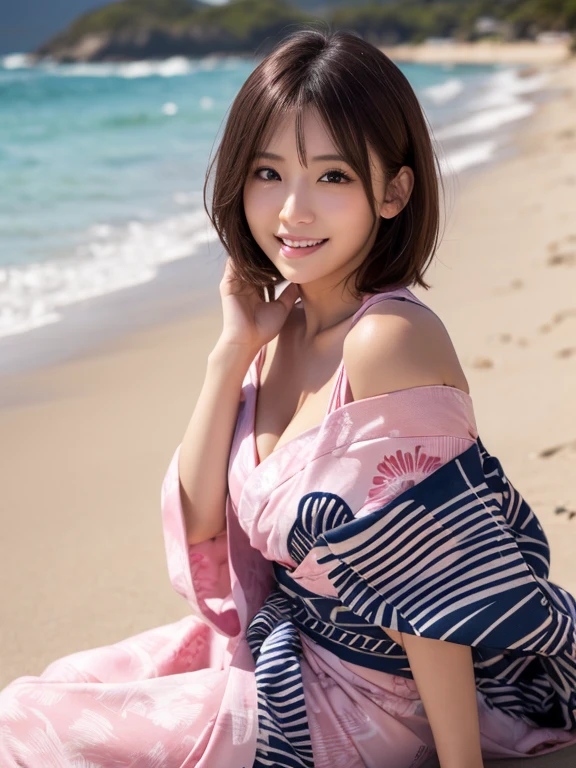 ((yukata(pink)))、(sitting),((highest quality)), Realistic, Very detailed, In detail, ((High resolution)), 8K,Japanese women,Beautiful woman,gravure,sexy,Beautiful Skin,Beautiful and beautiful eyes,Detailed face,(Glamour),((short hair)),Brunette colored hair,20th Generation,Glamour system,Bust size 85cm,Neat stenosis,(Beautiful and beautiful eyes),(Adult),smiling sexy、Ocean