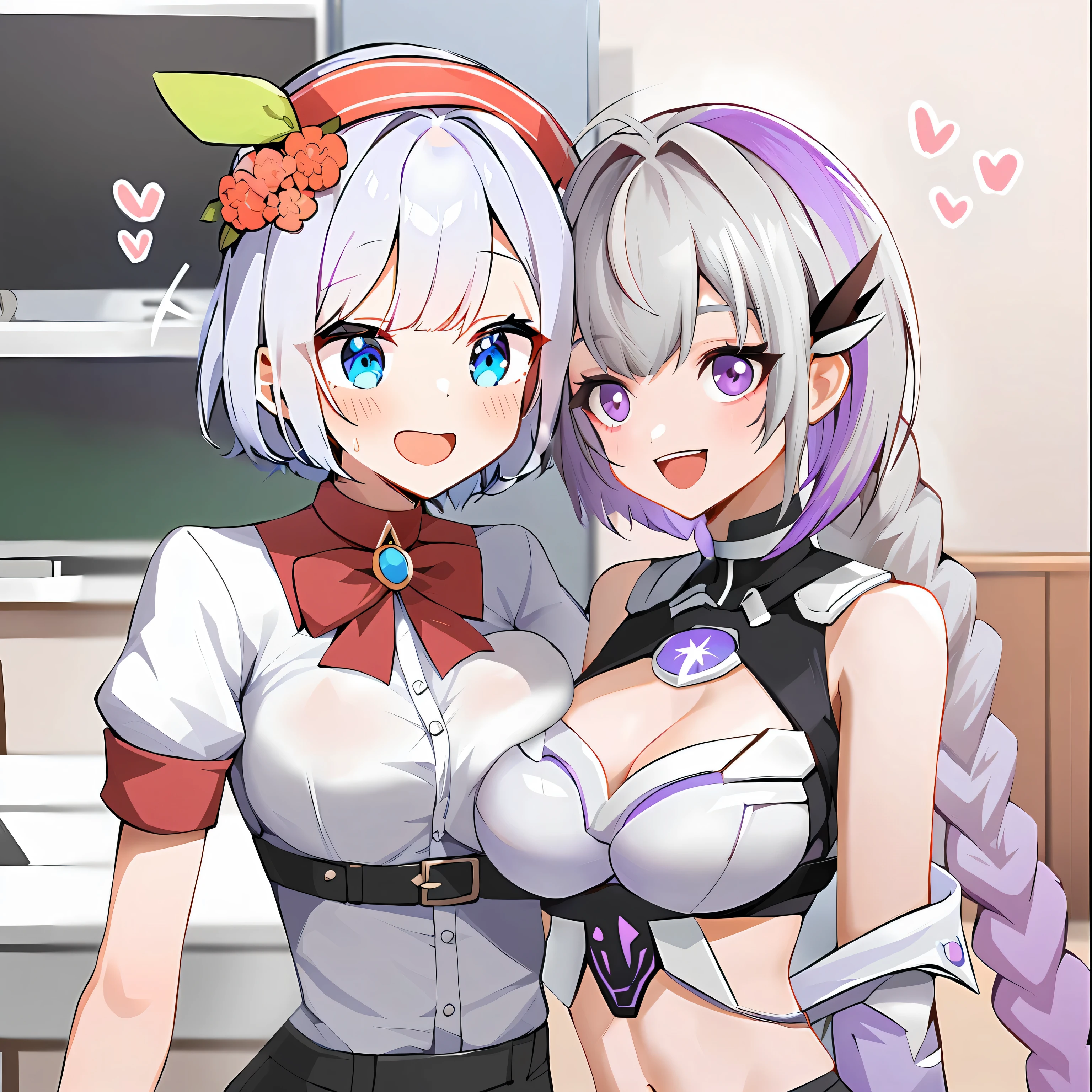 2 girls,shirt,blue eyes,Purple Eyes,Smile,White shirt,Long hair,braid,Purple Hair,skirt,Red Bow,Black skirt,Headband,Short sleeve,Looking at the audience,Bow,Collared shirt,belt,White hair,Heart-shaped,Hair accessories,Red bow tie,Bangs,bow tie,indoor,short hair,Bare shoulders,Sleeveless shirt,Striped hair,Red Headband,brooch,Extra long hair,Two-tone hair。