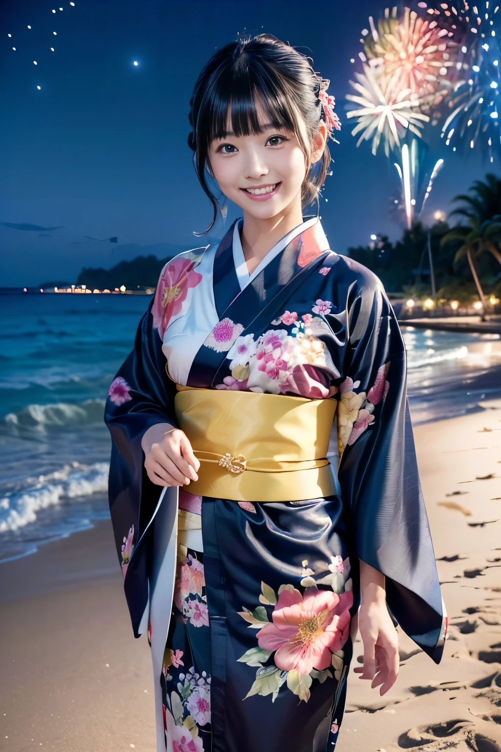 最高masterpiece,8K Raw Photo:1.5,((sexy cute mini kimono style)),whole body,Summer Memories,Recall,(Beautiful Japanese floral kimono,yukata),((One girl,cute,young,Semi-long beautiful black hair,Blunt bangs,Beautiful Eyes,With a smile)),(alone),((masterpiece, Highest Resolution,highest quality)), (Beautiful illustrations),(Beautiful Japanese floral kimono,yukata),An innocent smile:1.1,Cinema Lighting,((Take a walk on the beach,Wave,(firework:1.2),Night Sky,full moon,shooting star)),Random Pause,