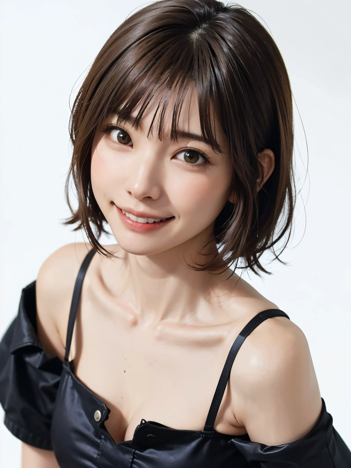 1 girl, alone, Beautiful Skin, very detaileded, ultra detaileded, Ultra-high resolution, (Photorealism:1.4), (highest quality), (Best Shadow), detailed, Perfect lighting, Black Hair:2, ((Showpiece, highest quality, High precision)), One Girl, (Realistic: 1.4), (look up at the camera even a little, カメラをlook up, look up, look up at the camera, Looking into the camera))), alone, White Background, snow-White Background, shut up., smile, pretty Black Hair:2, short hair:1.6, Big eyes, Beautiful double eyelids, eyelash, listen, Long neck, 美しいLong neck, Absolute area, ((Face close-up, short hair with bangs、Short Bob Hair:1.5、Off the shoulder)), 19 years old, Attractive proportions, Shiny skin, Beautiful clavicle, Golden ratio face, Perfect Face, Teardrop-shaped mole, Mole on chest, bangs, clean bangs, beautiful bangs, Lip gloss, Thin lips, White skin, I took off my clothes, Small face, Small face, 少し上を向いてLooking into the camera, ((smile a little for the camera, Beautiful background with vibrant paint, Listen carefully, big 胸、Dynamic Angle:1.5、Workplace Safety:2))