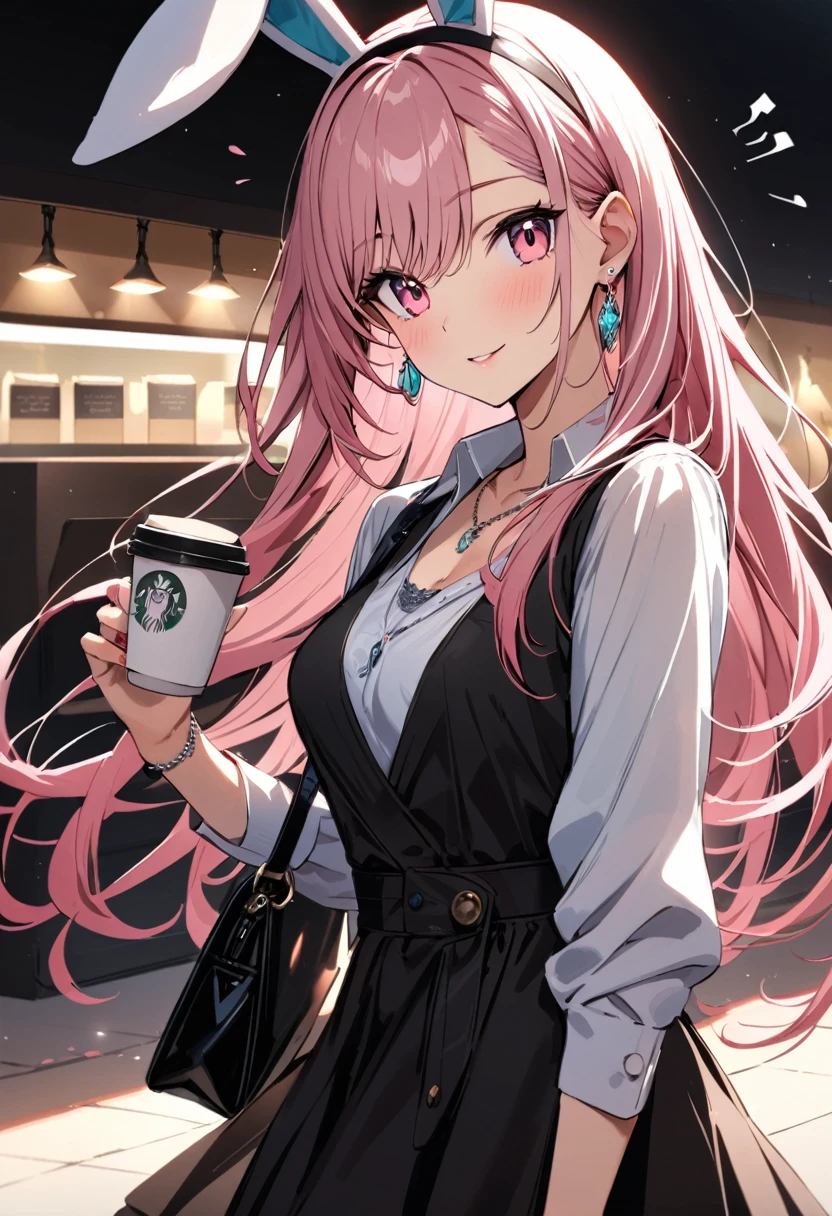 masterpiece, highest quality, Super quality, Super quality, 4K, 8k, highest quality, beautiful, Cute Woman, alone, (beautiful pink hair, beautiful pink eyes, beautiful eyes, Long Hair, Bunny ears, smile),
Break Company、Business services、coffee,
Breaking Prada, necklace, Earrings, accessories, bag,
Great lighting, bloom, Excellent resolution, Very detailed, highest quality, High resolution, Audio Notes,cute