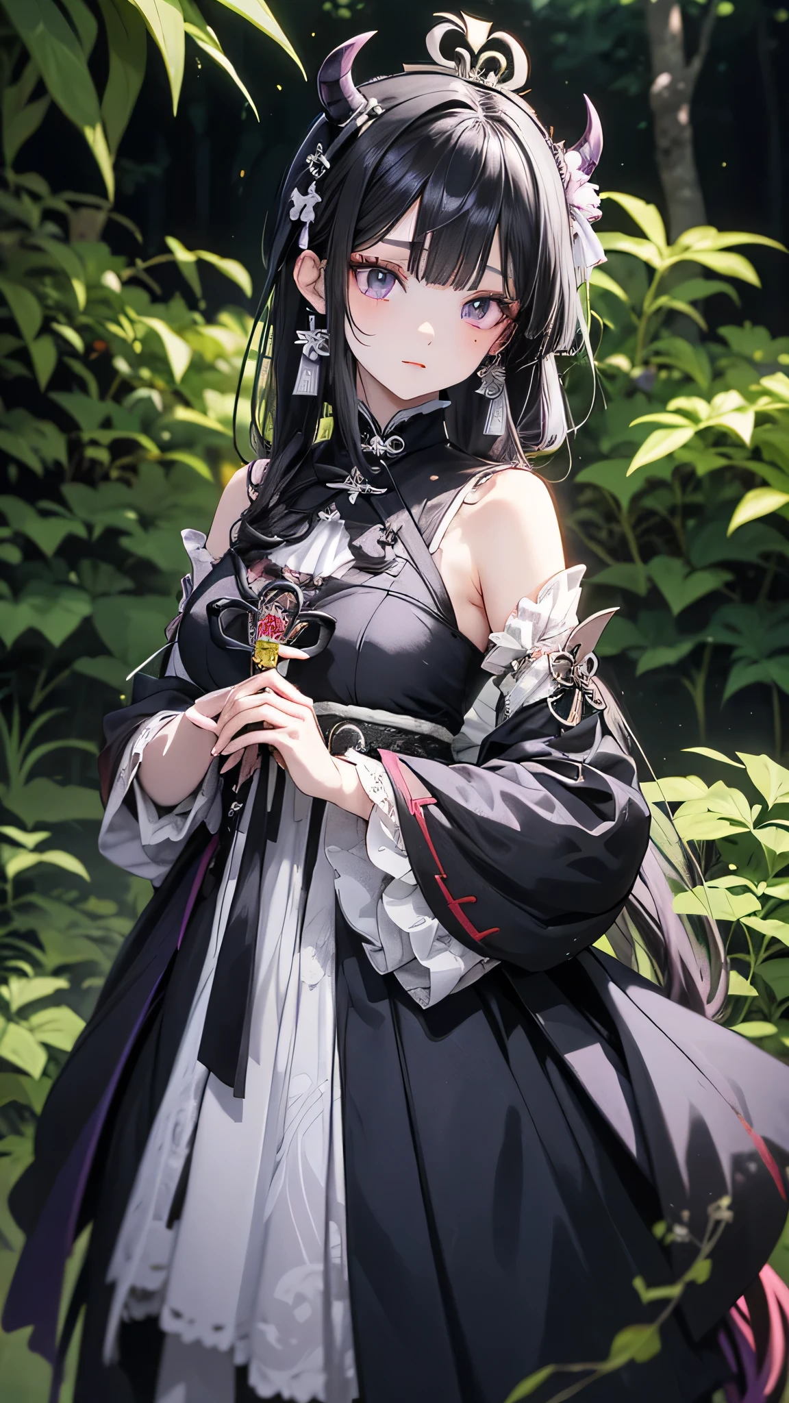 Anime girl in purple and black clothes standing in front of a forest, Keqing of Genshin Impact, Jongritsu of Genshin, Haise Jinyao, ayaka genshin impact, Anime Moe Art Style, Black-haired wizard, Demon Slayer Louis Fan Art, ayaka game genshin impact, Yunling, Inspired by Song Maojin