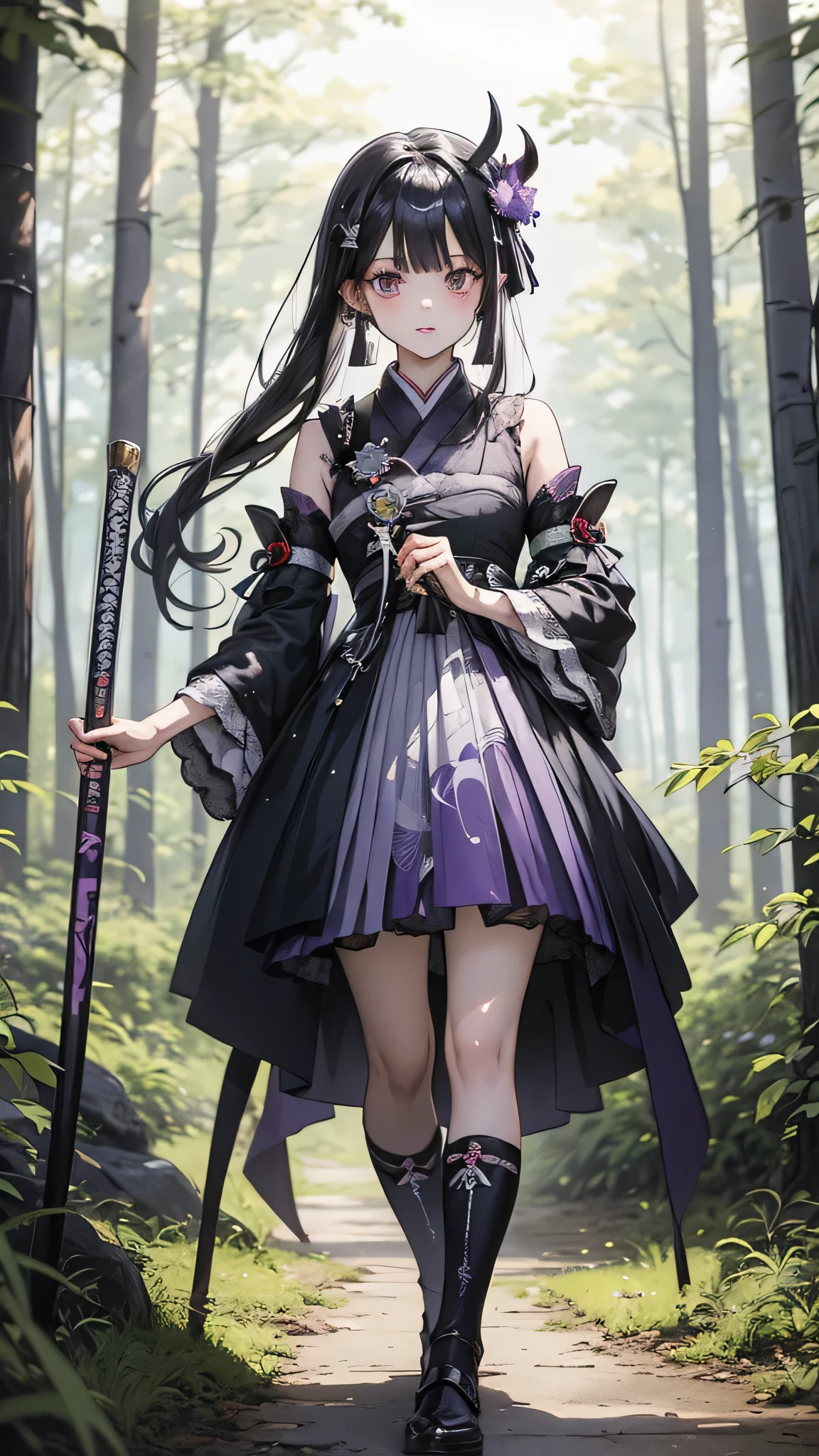 Anime girl in purple and black clothes standing in front of a forest, Keqing of Genshin Impact, Jongritsu of Genshin, Haise Jinyao, ayaka genshin impact, Anime Moe Art Style, Black-haired wizard, Demon Slayer Louis Fan Art, ayaka game genshin impact, Yunling, Inspired by Song Maojin