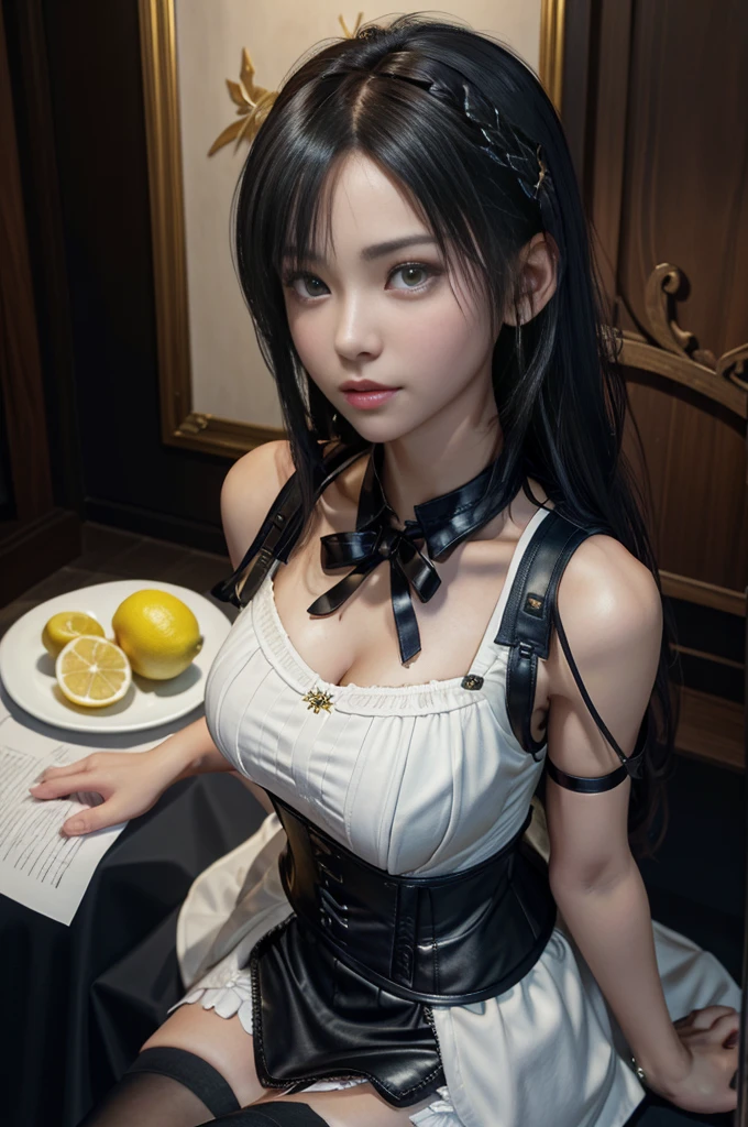 masterpiece, 1 beautiful girl, best quality, 超high resolution, (Reality: 1.4), original photo, movie lighting, Japan, asian beauty, Super beautiful, Beautiful skin, Thin, (超Reality的な), (high resolution), (8K), (Very detailed), (Best Illustration), (beautiful thin eyes), (Super detailed) , Delicate face, Looking at the audience, Direct vision, (Lemon dress,Leather Corset Dress) , short hair, Black Hair, 46 points side bangs, A white church, Neat atmosphere,mini skirt,Garter belt,sit,tiny braids,Braids on both sides of the face