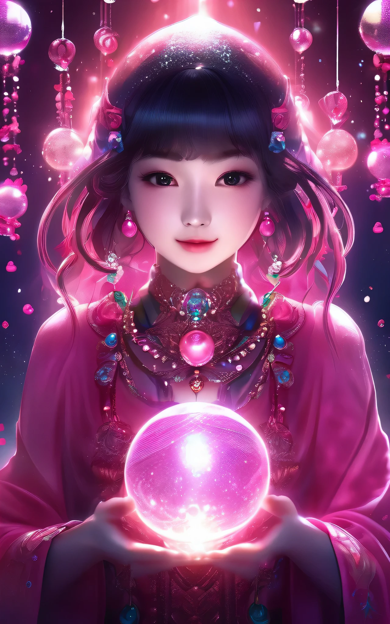 Adorable girl,Pink、A shining enchanting deity adorned with jewels、Holding a glowing sphere in your hand Staring straight into the camera, in the center,Very bright color, Light Particles, The light shines, Musibu, Wallpaper Art, UHD Wallpaper、Background pink、Mysterious、Glowing pink aura、Upper body close-up