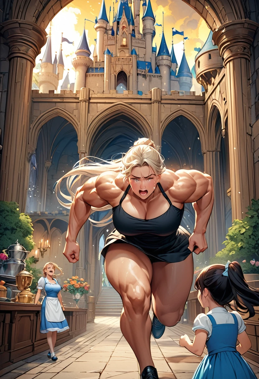 Sundress girl desperately running away from a (Very muscular waitress lady),The girl is crying a lot of tears,Inside a fantasy castle,