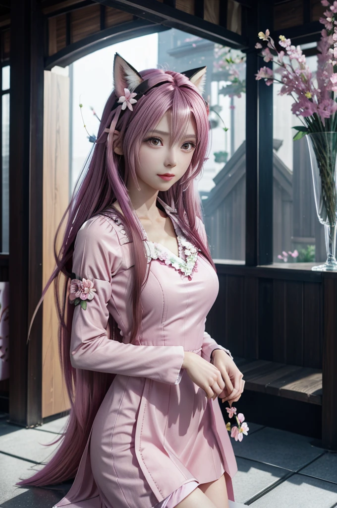Nine snow-white fox tails (1.0), Milky white fox tail (1.0), Nine-tailed fox close-up, Nine Tails, Nine Tails, Pink Hair、Wearing a pink dress、Anime girl with flowers in her hair, very Beautiful anime fox girl, Beautiful anime fox girl, Beautiful fantasy anime, guweiz, Fox ears anime girl, Beautiful anime girl, Very beautiful and cute fox girl, Pink flower rain, Background blur, Anime style 4K, Anime Fantasy Artwork, 4k anime wallpaper, Guvez-style artwork