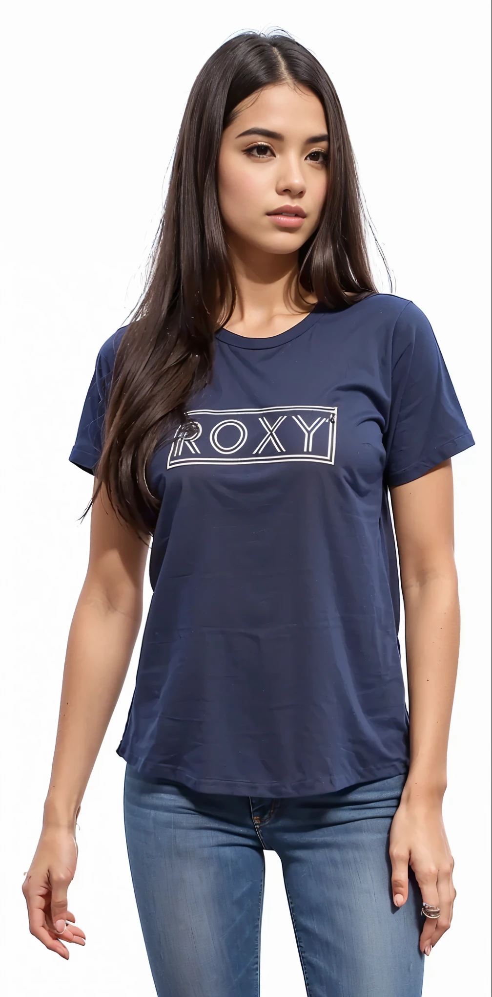 a woman wearing a blue camisa and jeans standing in front of a white background, Marinha-blue, Marinha blue, t-camisa, t - camisa, Manga curta, ceroso, atrevido, Marinha camisa, blue tight tcamisa, onyx, Vivia, dark blue camisa, cinza, Marinha, ambientado em 19xx, camisa, exist, lustroso, raposa