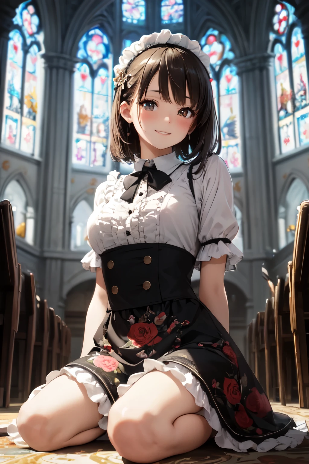 very cute and beautiful girl,(highly detailed beautiful face),
(smile),blush,black hair,looking at viewer,(floral pattern brown lolita dress with detailed frills),detailed lace,
sitting,spread legs,arms behind back,(white panties),
altar,church,indoors,
(best quality,masterpiece),absurdres,highres,ultra-detailed,extremely detailed,32k,8k resolution,
intricate details,cinematic scene,detailed background,solo,dynamic angle,(realistic),