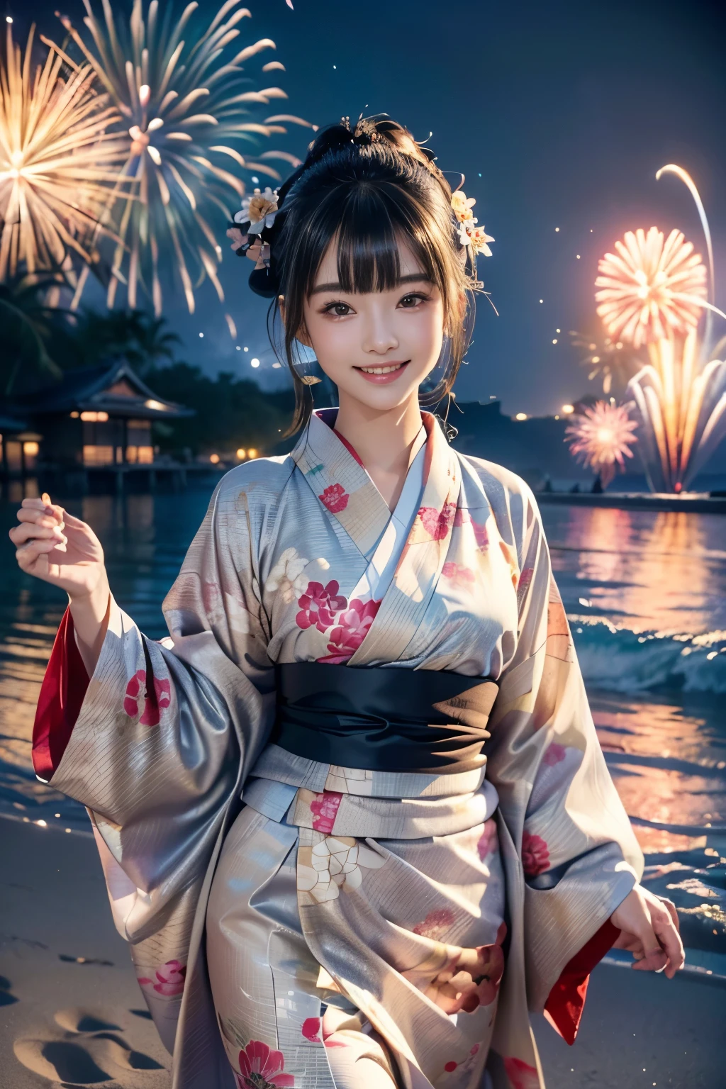 最高masterpiece,8K Raw Photo:1.5,((sexy cute mini kimono style)),whole body,Summer Memories,Recall,(Beautiful Japanese floral kimono,yukata),((One girl,cute,young,Semi-long beautiful black hair,Blunt bangs,Beautiful Eyes,With a smile)),(alone),((masterpiece, Highest Resolution,highest quality)), (Beautiful illustrations),(Beautiful Japanese floral kimono,yukata),An innocent smile:1.1,Cinema Lighting,((Take a walk on the beach,Wave,(firework:1.2),Night Sky,full moon,shooting star)),Random Pause,