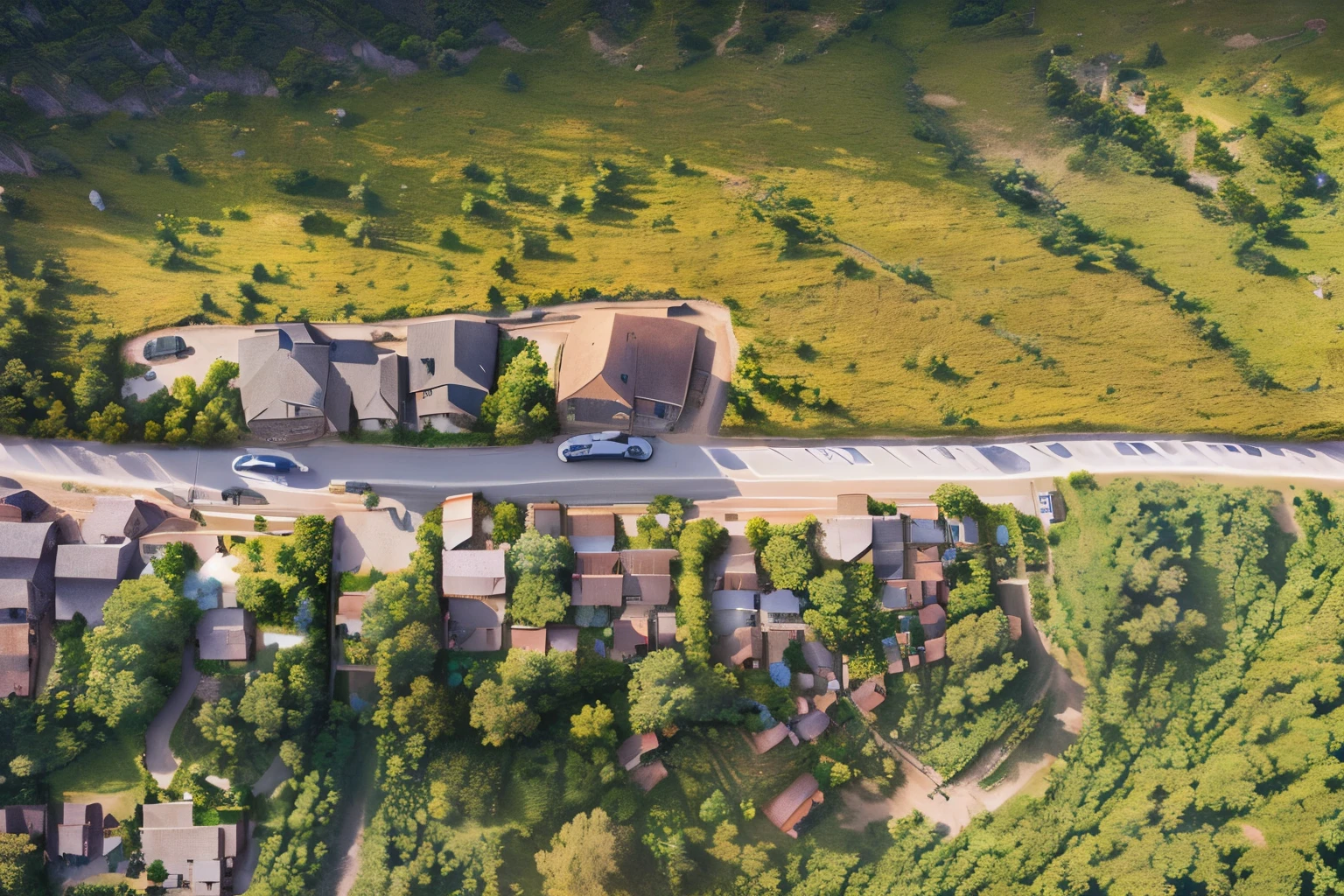 aerial view of a small village with a road and a car, small town surrounding, seen from above, aerial view top down, perspective shot from the sky, houses and roads, above a village, view from above, aerial perspective, aerial view from above, photo taken from above, drone perspective, wide angle shot from above, drone point of view, from above