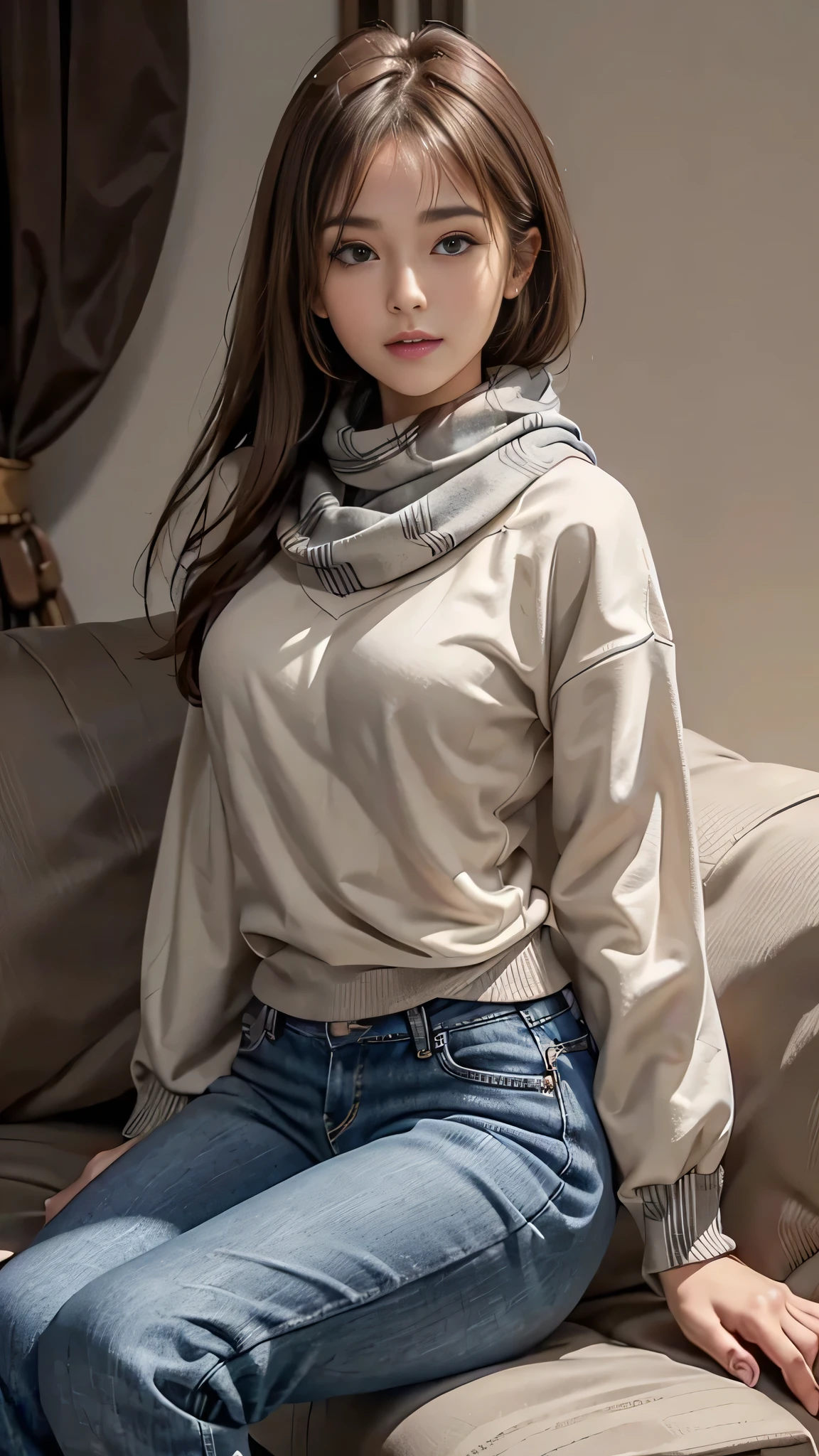 Brown Hair, Medium chest, Brown eyes, A light smile, jeans, scarf, Grey sweatshirt, Blue pants, Sitting, Sitting cross-legged, Inside the smart home, Sitting on the couch, Asada Shino's face,  highest quality