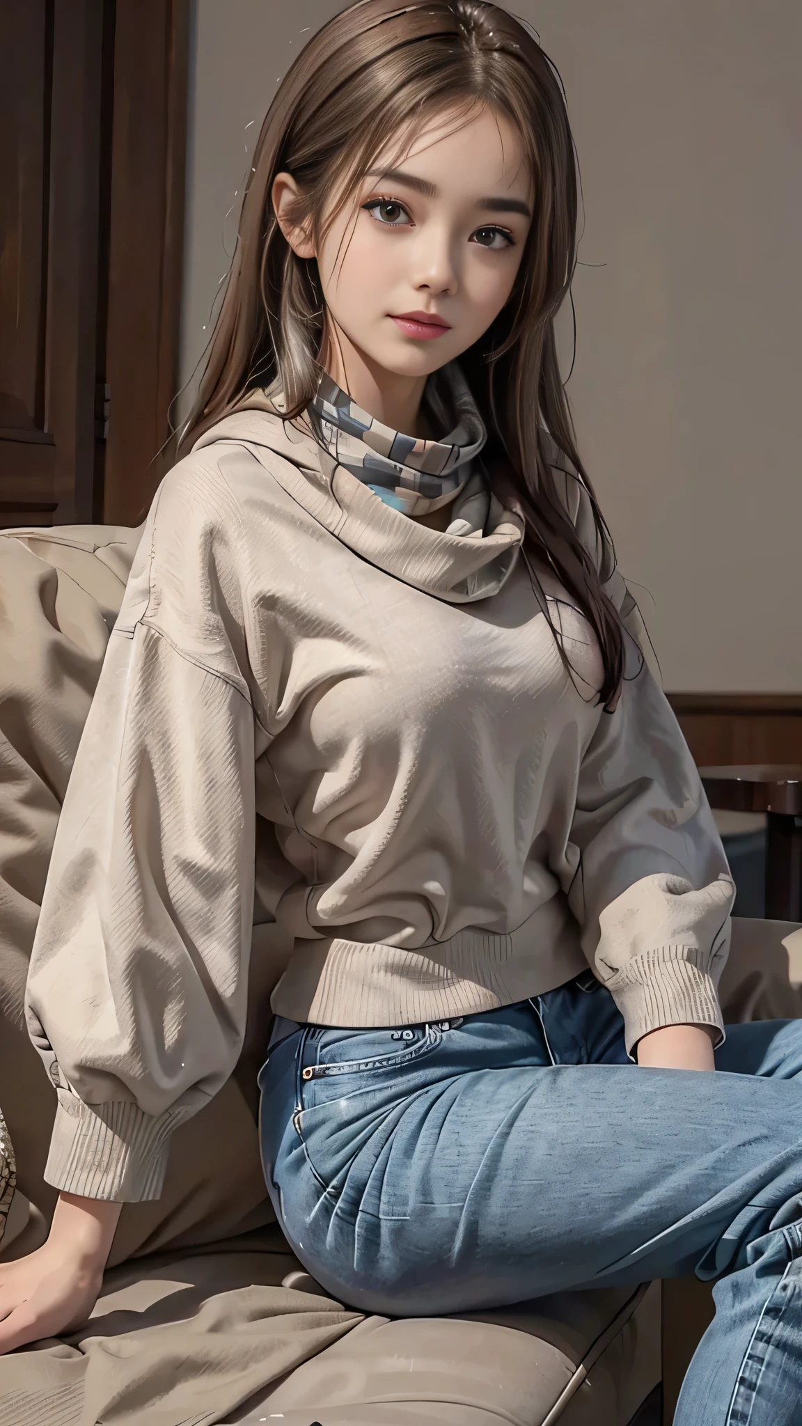 1 lady, wearing a brown colour sweater, wearing a long black jeans, sitting in a cinema, (wearing a peach hijab), (huge breast 1.6), sweet, thin waist, half body selfie shot, casual pose, (dark background)
