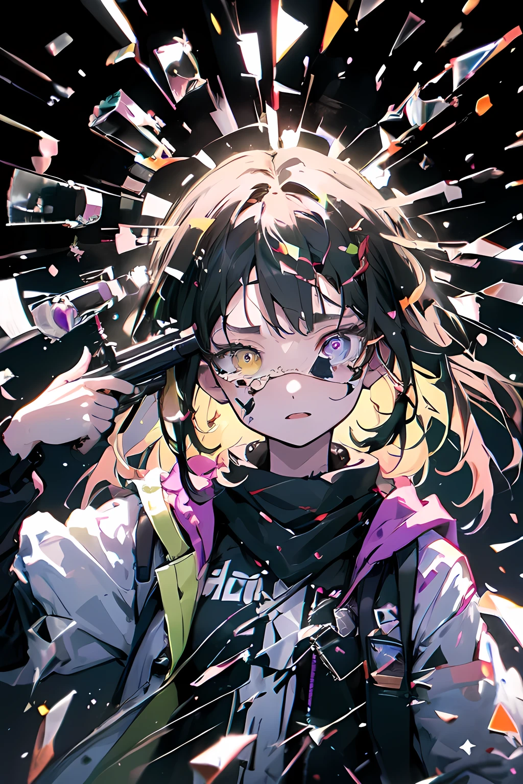 (very detailed CG Unity 16k 벽지,best quality,extreme quality,masterpiece,very detailed,:1.3), (My head explodes,:1.5), (g2h, get shot in the head, holding a gun,:1.5),flower,exploded flower leaf , glass crack effect,bullet hole in lens