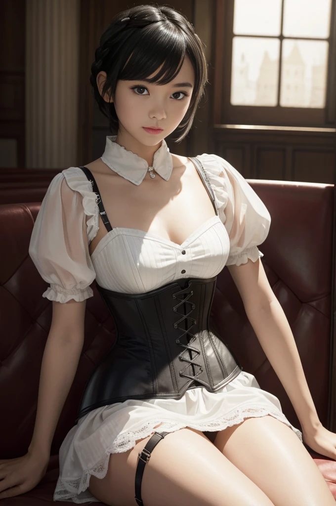 masterpiece, 1 beautiful girl, best quality, 超high resolution, (Reality: 1.4), original photo, movie lighting, Japan, asian beauty, Super beautiful, Beautiful skin, Thin, (超Reality的な), (high resolution), (8K), (Very detailed), (Best Illustration), (beautiful thin eyes), (Super detailed) , Delicate face, Looking at the audience, Direct vision, (Lemon dress,Leather Corset Dress) , short hair, Black Hair, 46 points side bangs, A white church, Neat atmosphere,mini skirt,Garter belt,sit,tiny braids,Braids on both sides of the face