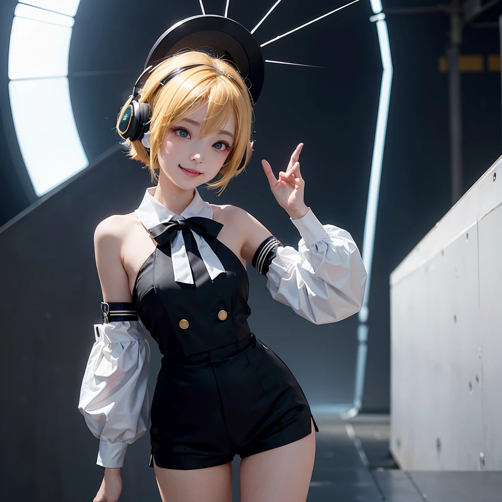 A realm of unparalleled visual fidelity、Experience 8K masterpieces in the highest resolution and ultra-fine detail。The background is simply white。Kagamine Rin is smiling with her mouth open。Her hair appears to glow with a magical light.。It highlights her bright and playful eyes..。The glowing skin of her face reflects the light.。Captivating thighs。Off-the-shoulder sailor suit。Large yellow ribbon。Black shorts。Enhances every wrinkle and curve。On her head she has big headphones and a white ribbon.。It exudes a futuristic atmosphere。She's waving at us.。She peered at me、Smiling with wide open mouth。Kagamine Rin's lively and cute charm stands out。