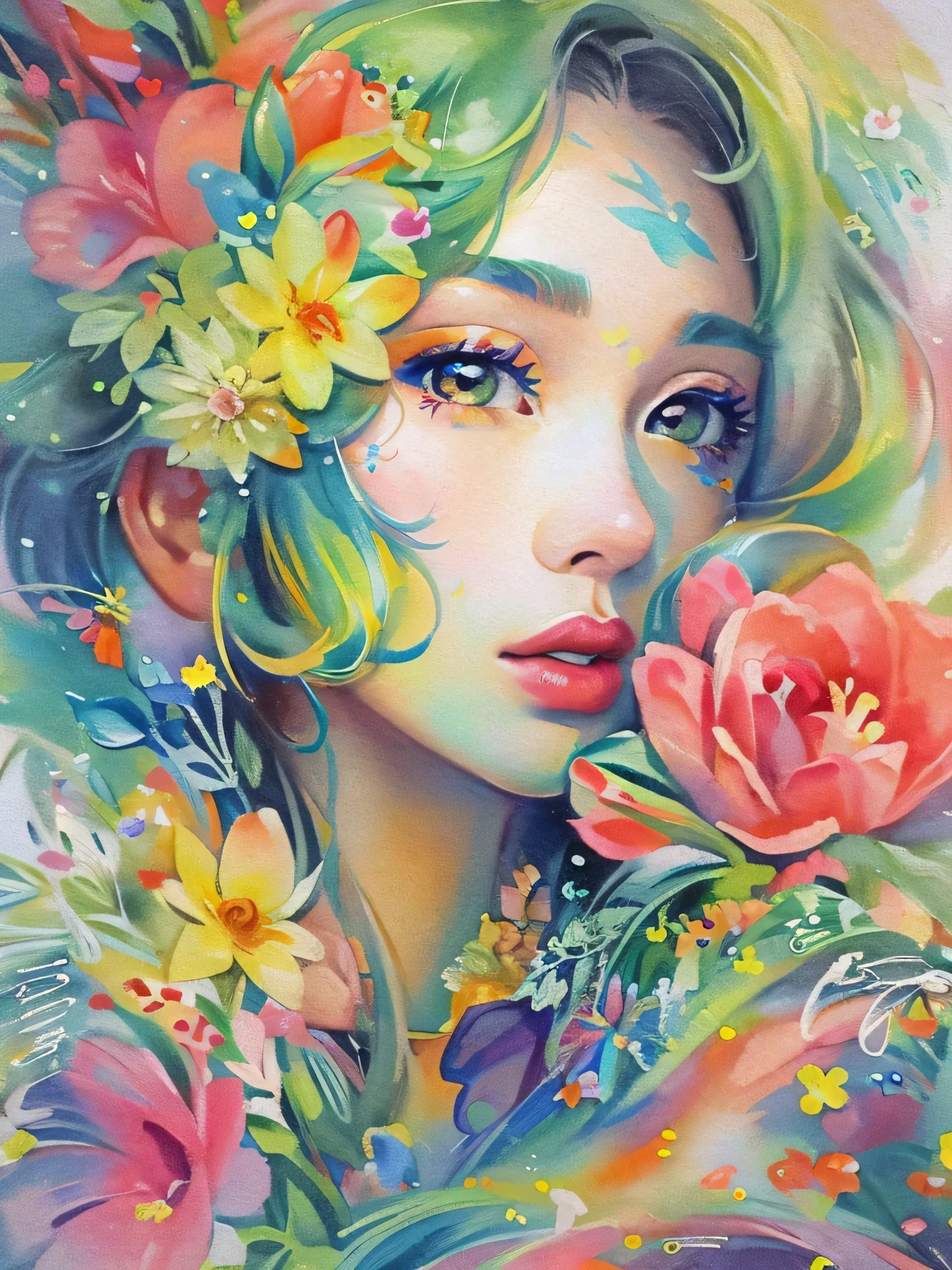 Mai Yoneyama style、(((stylish fashion))), 8K Quality、Intense watercolor, Detailed watercolor art, Watercolor splash, Surreal, avant-garde pop art, Beautiful and expressive paintings, Beautiful artwork illustration, Very colorful tones, wonderful, Cool beauty, highest quality、Official Art, Vector art, Stylish design, (((The most beautiful girl))), (((highest quality))), HDR, ((detailed)), (((Doodle Art)), ((masterpiece)), ((Super detailed)), (((Colorful flowers))),(((Stylish))), Lips in Love