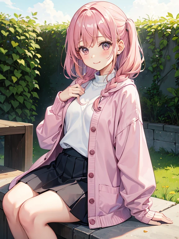 One Girl、Pink Hair、pastel colour、cute、blush, Small breasts, sweater, mini skirt, Knee-length, thing, noon, garden, date, , smile, cold、cute