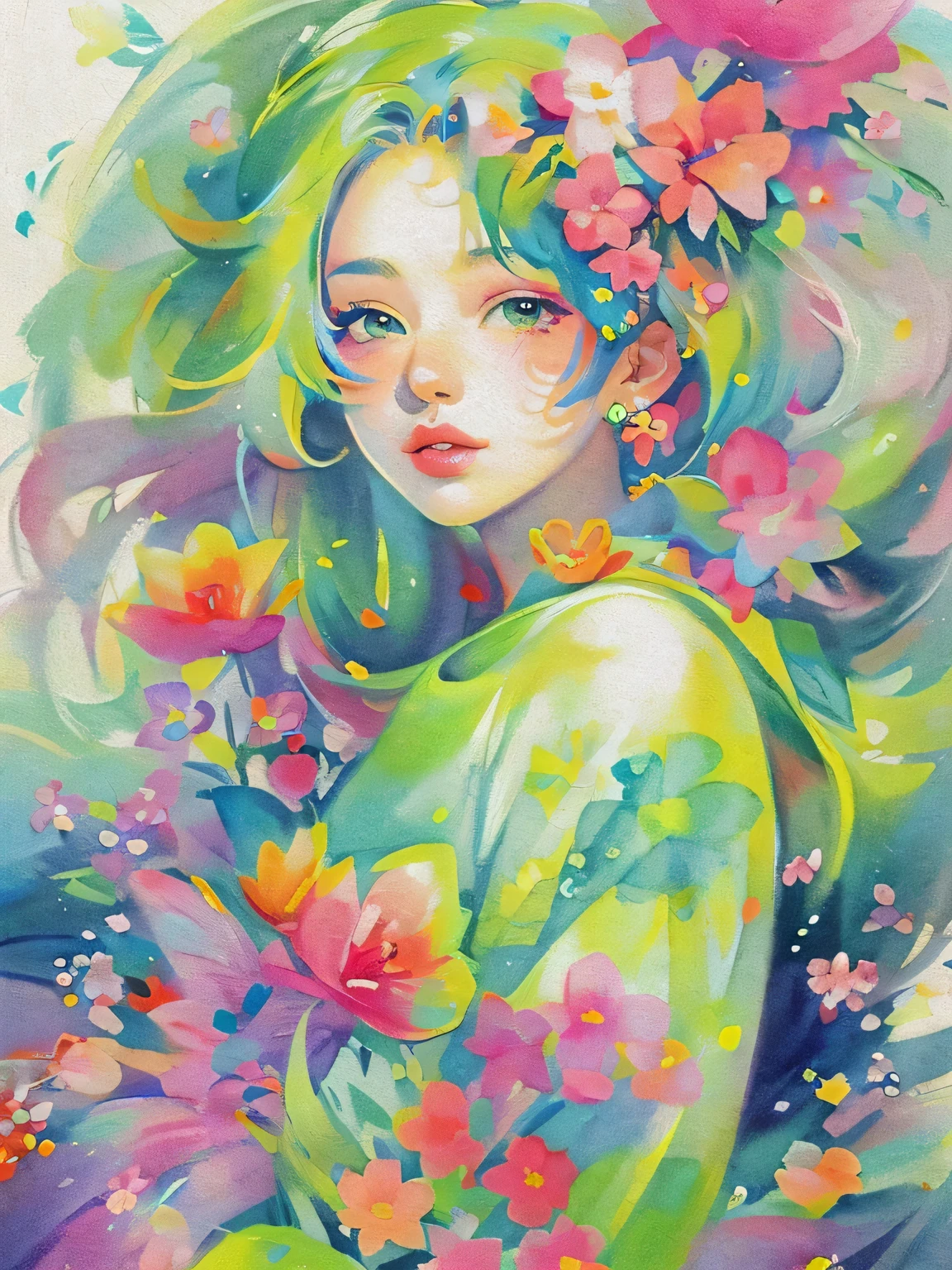 Mai Yoneyama style、(((stylish fashion))), 8K Quality、Intense watercolor, Detailed watercolor art, Watercolor splash, Surreal, avant-garde pop art, Beautiful and expressive paintings, Beautiful artwork illustration, Very colorful tones, wonderful, Cool beauty, highest quality、Official Art, Vector art, Stylish design, (((The most beautiful girl))), (((highest quality))), HDR, ((detailed)), (((Doodle Art)), ((masterpiece)), ((Super detailed)), (((Colorful flowers))),(((Stylish))), Lips in Love