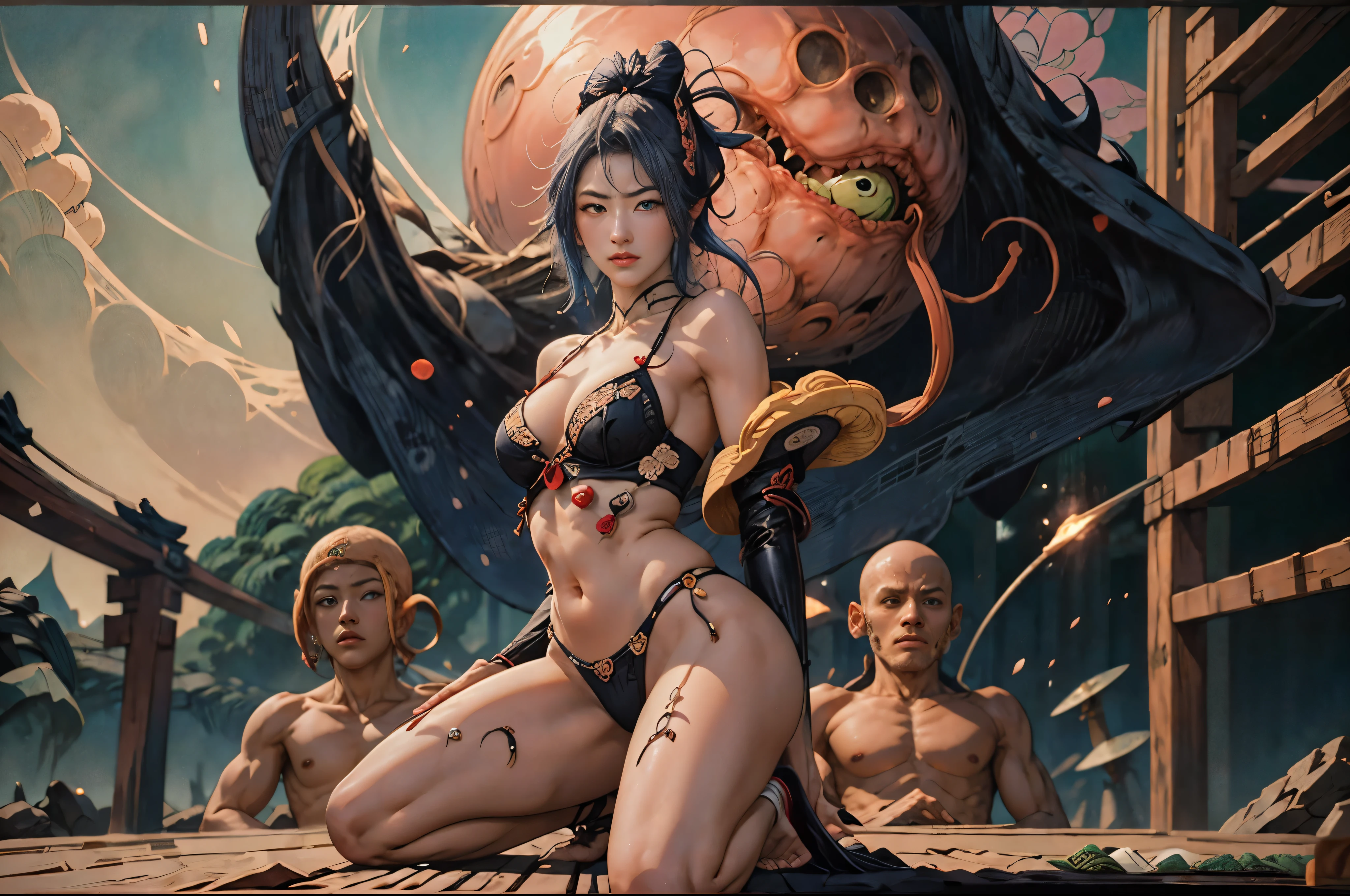(Ukiyo-e:1.9)、woodblock print、woodblock print、otherscape、SF、Space Opera、(Beautiful woman fighting an alien:1.5)、Purple clouds gather、Detailed face、Beautiful Eyes、Elegant garments、Intricate floral pattern、Delicate skin、Natural light、A calming color palette、Soft Focuasterpiece、skimpy leather costume、spaceship、alien、night、mynatalee woman
