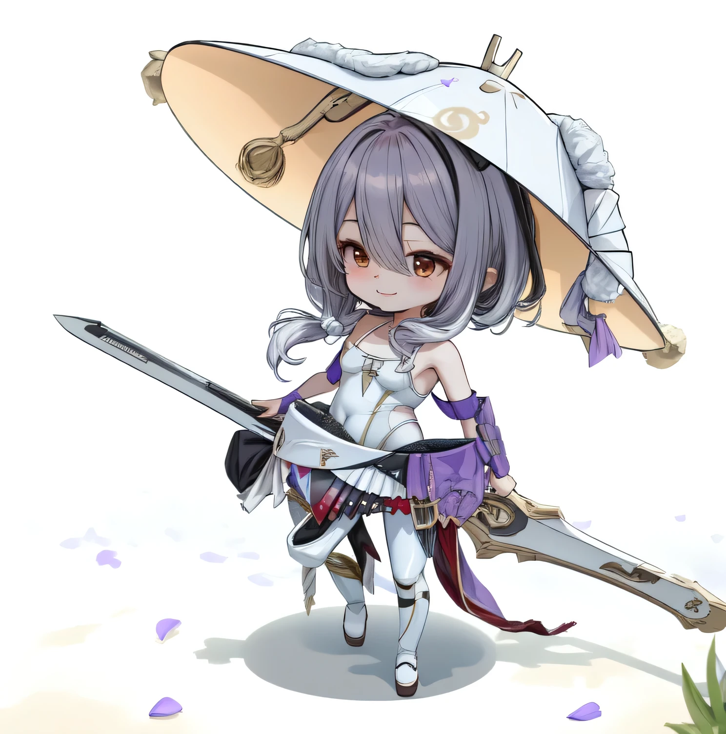 masterpiece, best quality, scarletx, long hair, smile, white leotard, white pants, bare shoulders, overskirt, hat, kasa, petals, fantasy landscape, flower field, mountain, starry sky、Chibi、Chibi character、Holding a long sword