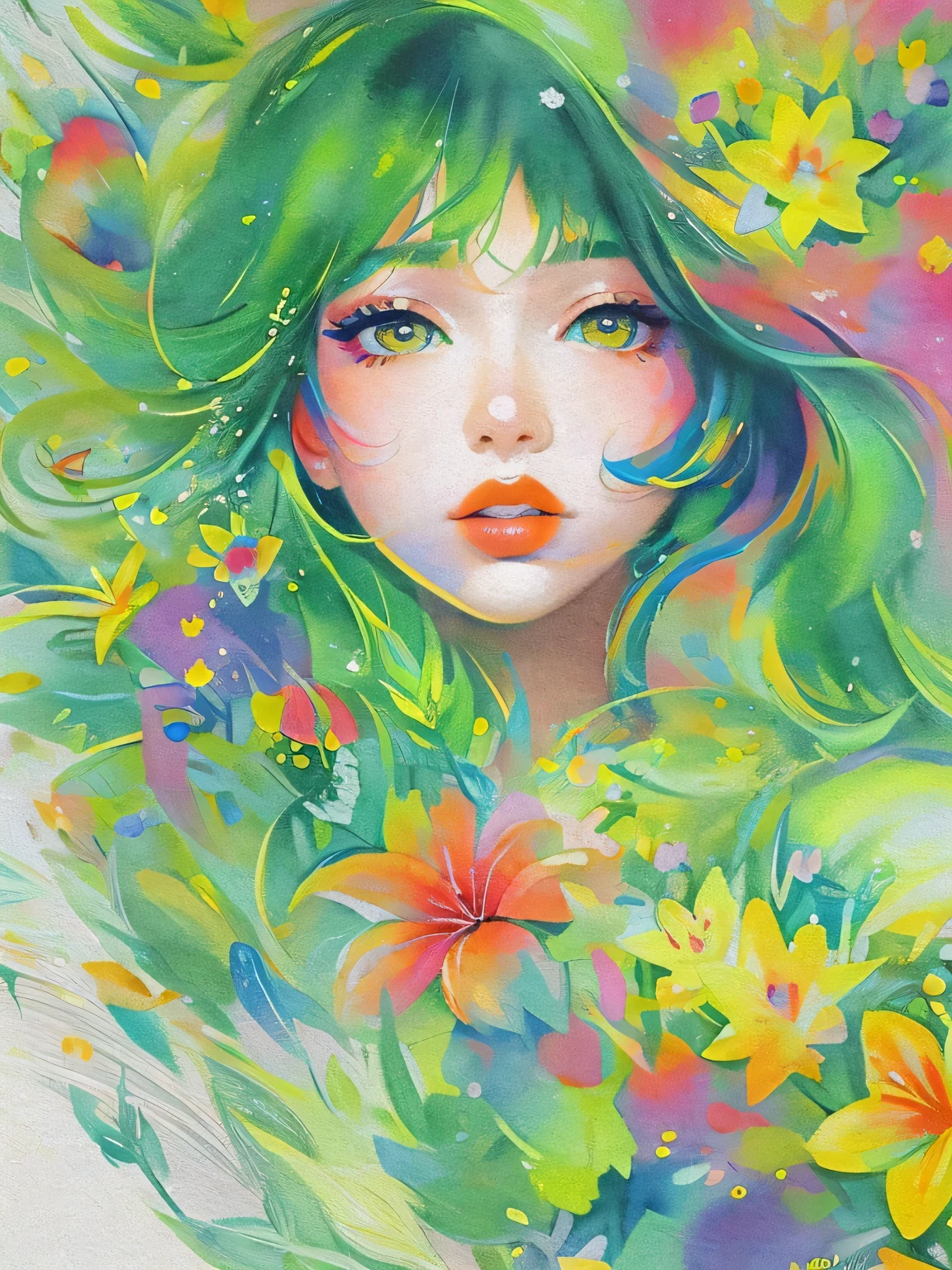 Mai Yoneyama style、(((stylish fashion))), 8K Quality、Intense watercolor, Detailed watercolor art, Watercolor splash, Surreal, avant-garde pop art, Beautiful and expressive paintings, Beautiful artwork illustration, Very colorful tones, wonderful, Cool beauty, highest quality、Official Art, Vector art, Stylish design, (((The most beautiful girl))), (((highest quality))), HDR, ((detailed)), (((Doodle Art)), ((masterpiece)), ((Super detailed)), (((Colorful flowers))),(((Stylish))), Lips in Love