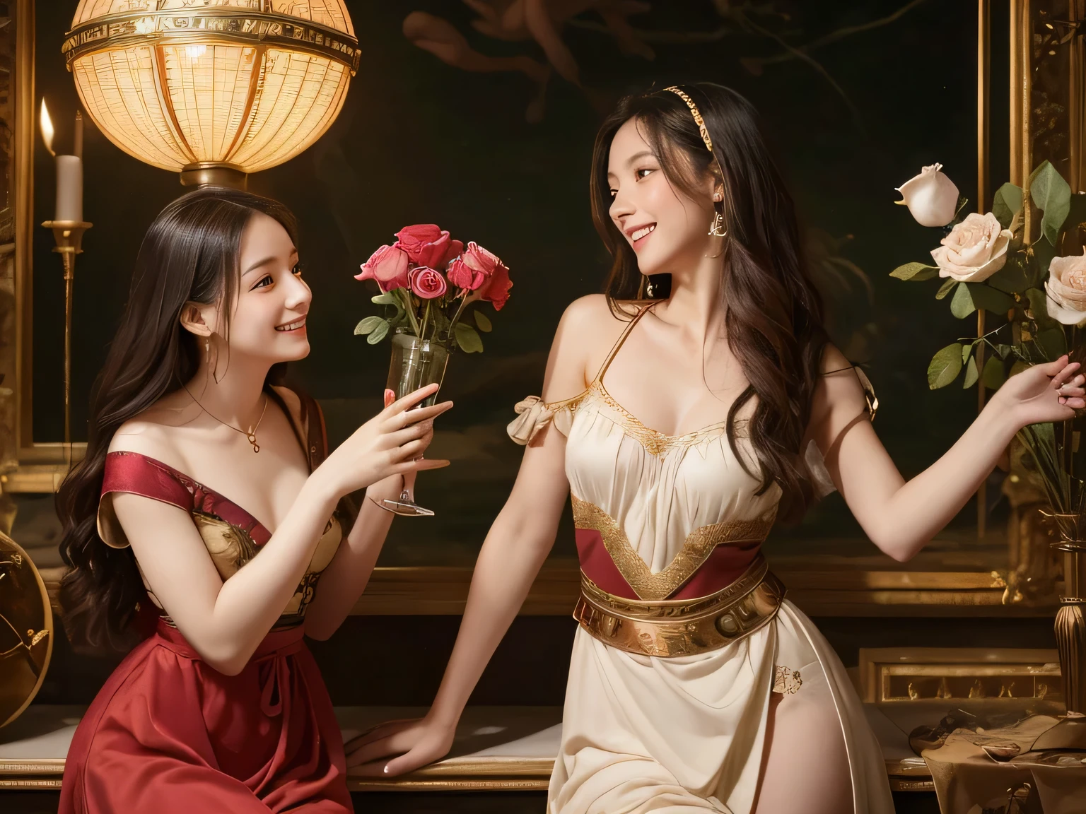 Giorgione painting style,Arguments of two female Philosophe,math、astronomical machine、astronaut、roses in vase、fruits、Cute trinkets、smile、ancient greek costume、Background is a forest lake at night 、Clothes that stretch your shoulders、A big smile、beautiful bare skin、A detailed representation of the seducing woman throughout her body.