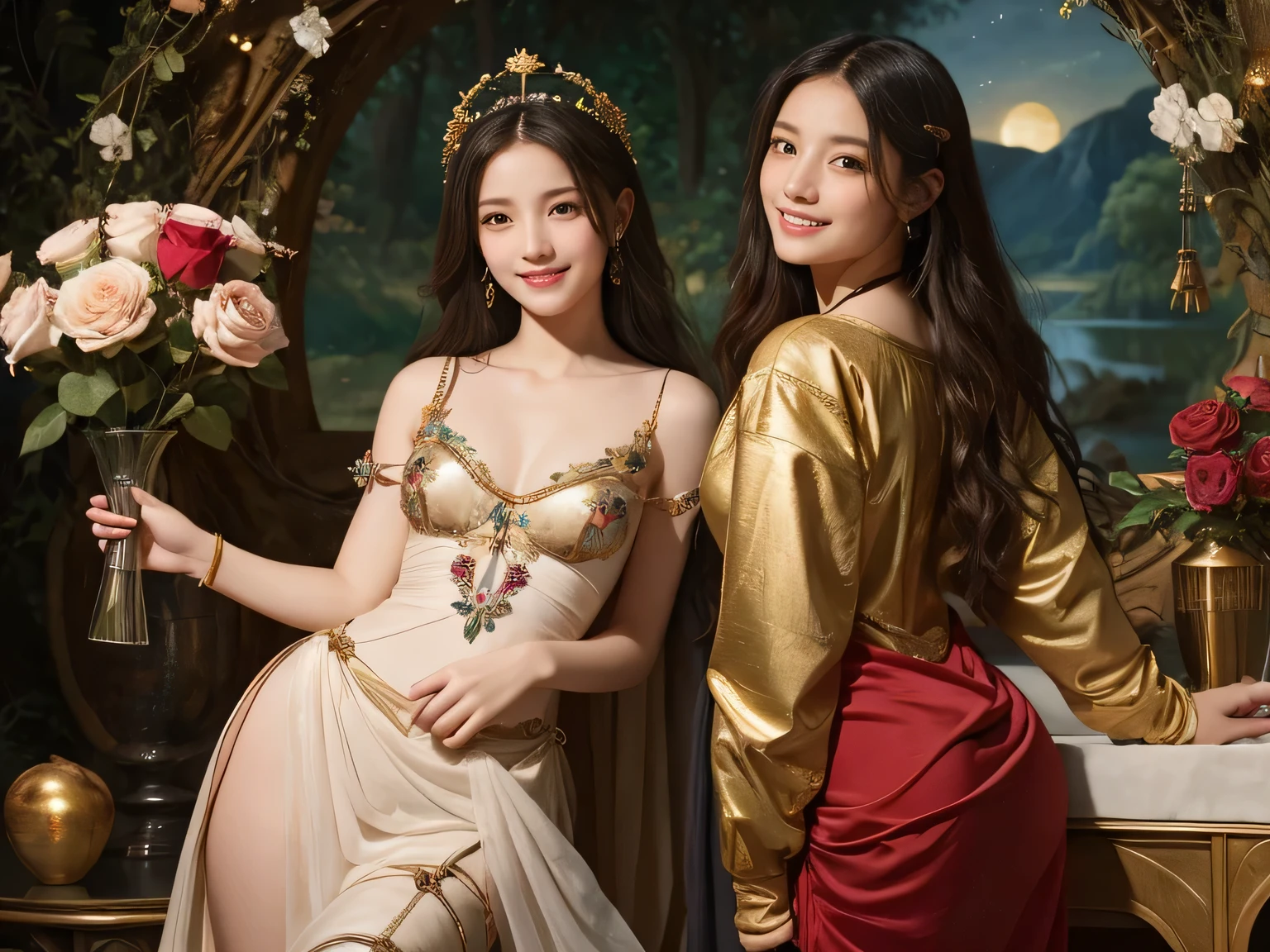 Giorgione painting style,Arguments of two female Philosophe,math、astronomical machine、astronaut、roses in vase、fruits、Cute trinkets、smile、ancient greek costume、Background is a forest lake at night 、Clothes that stretch your shoulders、A big smile、beautiful bare skin、A detailed representation of the seducing woman throughout her body.