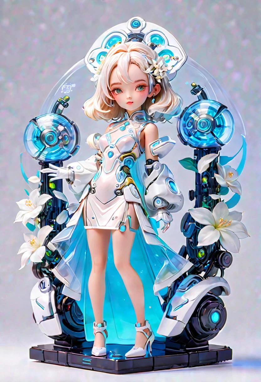 (Blind box toy styles:1.2),whole body, Solitary,White background,(The future of robot women,beautiful girl face ,White Jasmine Transparency Dress, glowing electronic components,Gloves, High heel),(Oriental elements, Chinese color,very colorful),3D