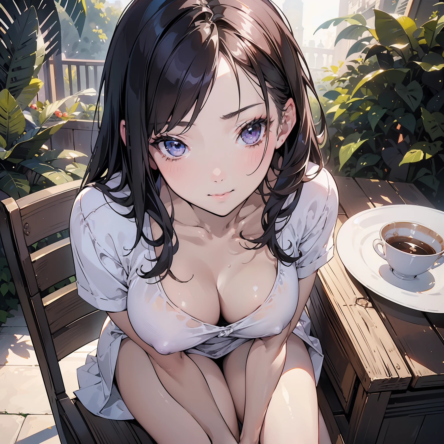 ((NSFW:1.2)),(masterpiece:1.2, highest quality), (Realistic, photoRealistic:1.4), Beautiful illustrations, (Natural Side Lighting, Cinema Lighting),Looking at the audience, Face Focus, 1 female,Perfect Face, Perfect body, Symmetrical cute face, Shiny skin, Baby Face, Big Breasts:1.4, Purple Eyes, Captivating thighs:1.2，thin,((Leaning forward)),Beautiful Hair, Beautiful Face, thin and beautiful eyes, Beautiful clavicle, Beautiful body, ((Pointy and beautiful)),Beautiful thick thighs, Beautiful legs, Beautiful fingers, White short sleeve shirt,Short skirt，(Peering into the viewer with a blushing smile)，At the coffee shop，Sit on a chair,Low - Angle