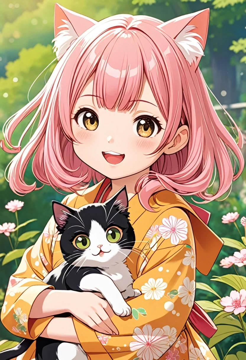 Girl with Cat,Girl with cat,in style of Chiho Aoshima , Pink medium long hair, cute, Q version, happy, squinting eyes, Japanese illustration, Celluloid,character concept design, half body