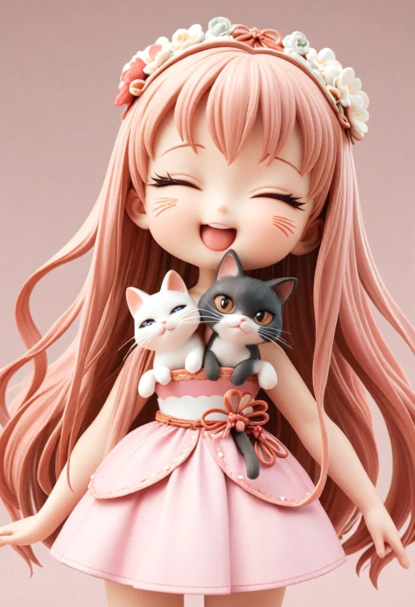 Girl with Cat，Girl with cat，in style of Chiho Aoshima , Pink medium long hair, cute, Q version, happy, squinting eyes, Japanese illustration, Celluloid，character concept design, half body 